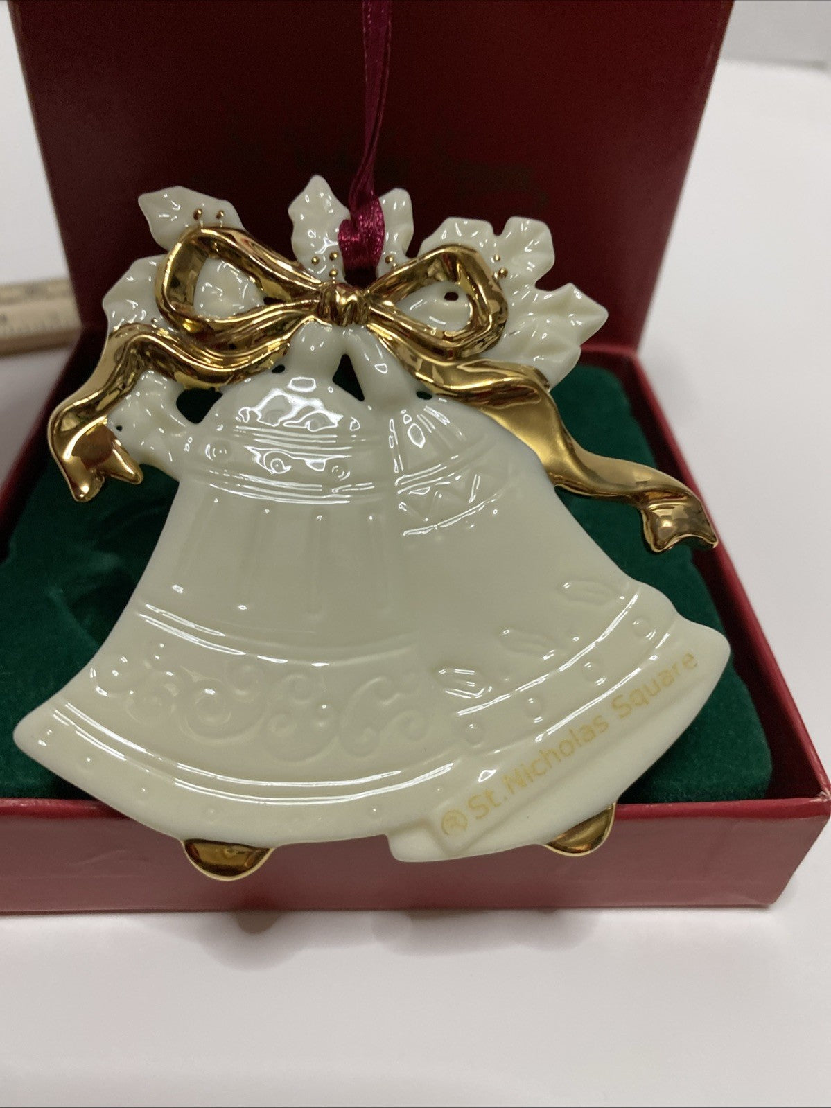 St. Nicholas Square Vintage Christmas Bell Ornament, White