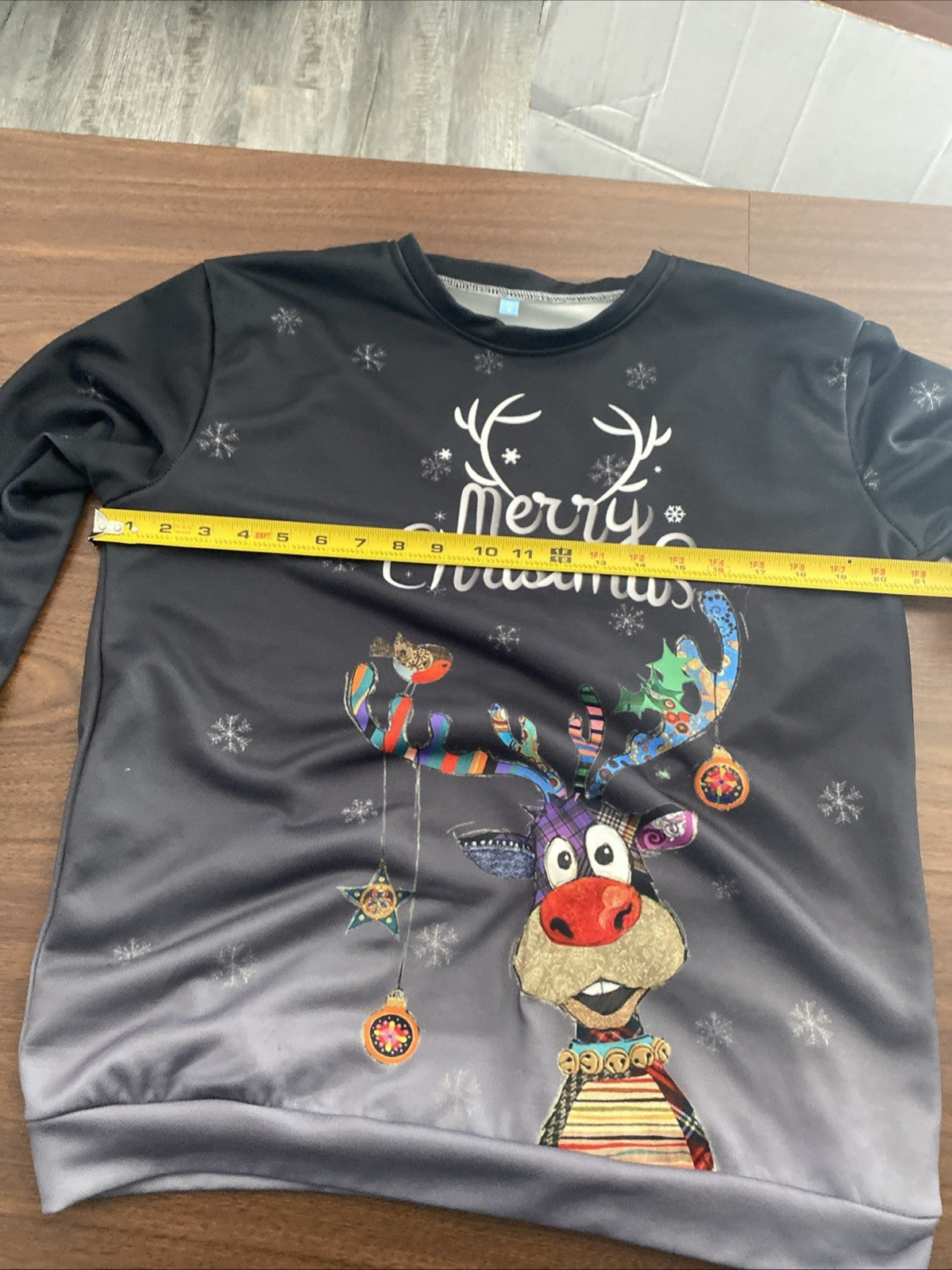 Merry Christmas Long Sleeve Stretch Top Reindeer w/Multi-Color Antlers -Size Med