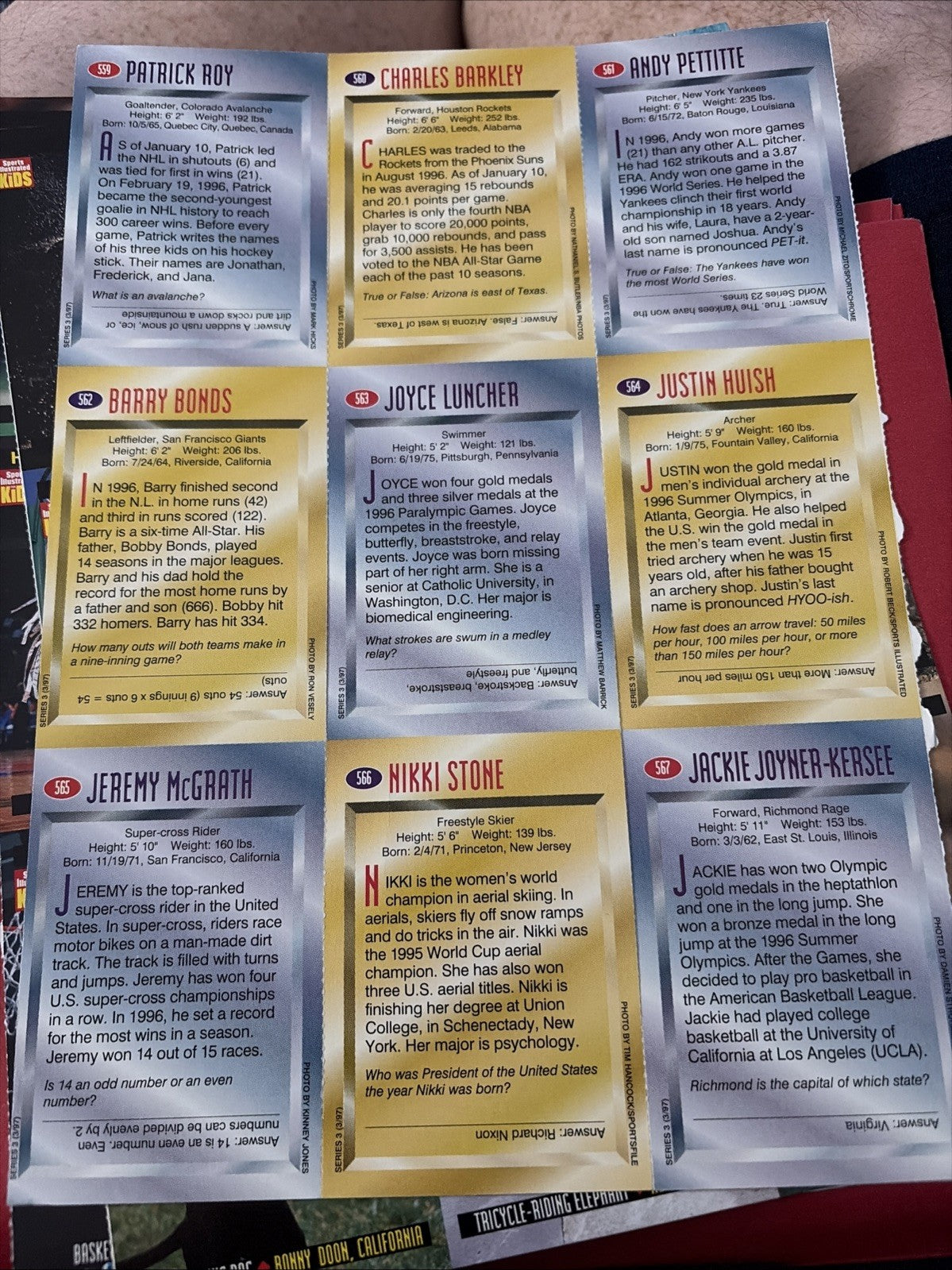 Sports Illustrated Kids 1997 March Uncut Card Sheet Charles Barkley Barry Bonds