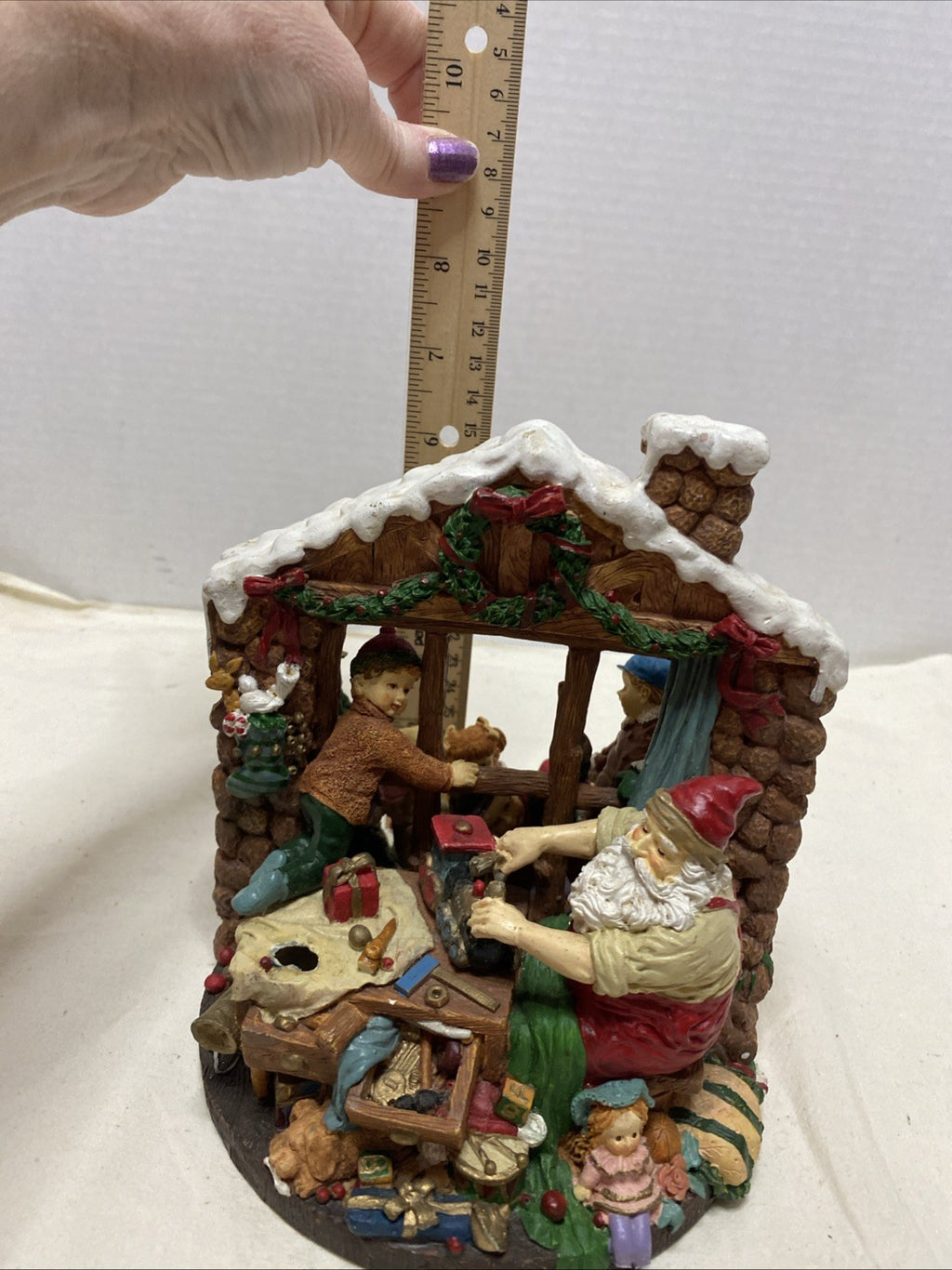 VTG 2-SIDED SANTA’S WORKSHOP CHRISTMAS FIGURE  7”H LOTS OF TOYS & SANTA AT WORK!