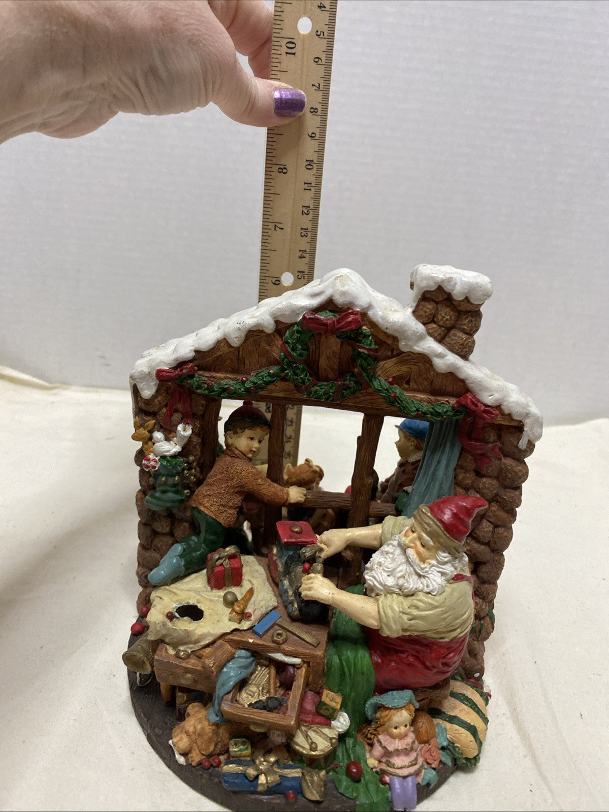 VTG 2-SIDED SANTA’S WORKSHOP CHRISTMAS FIGURE  7”H LOTS OF TOYS & SANTA AT WORK!