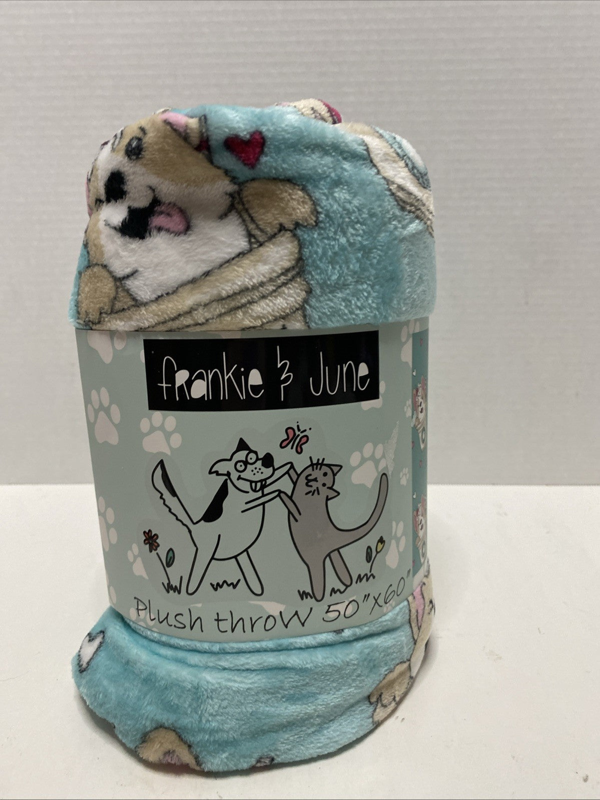 Frankie & June Cute/Puppy Dogs with Glasses White Plush Throw Blanket 50x60 NEW
