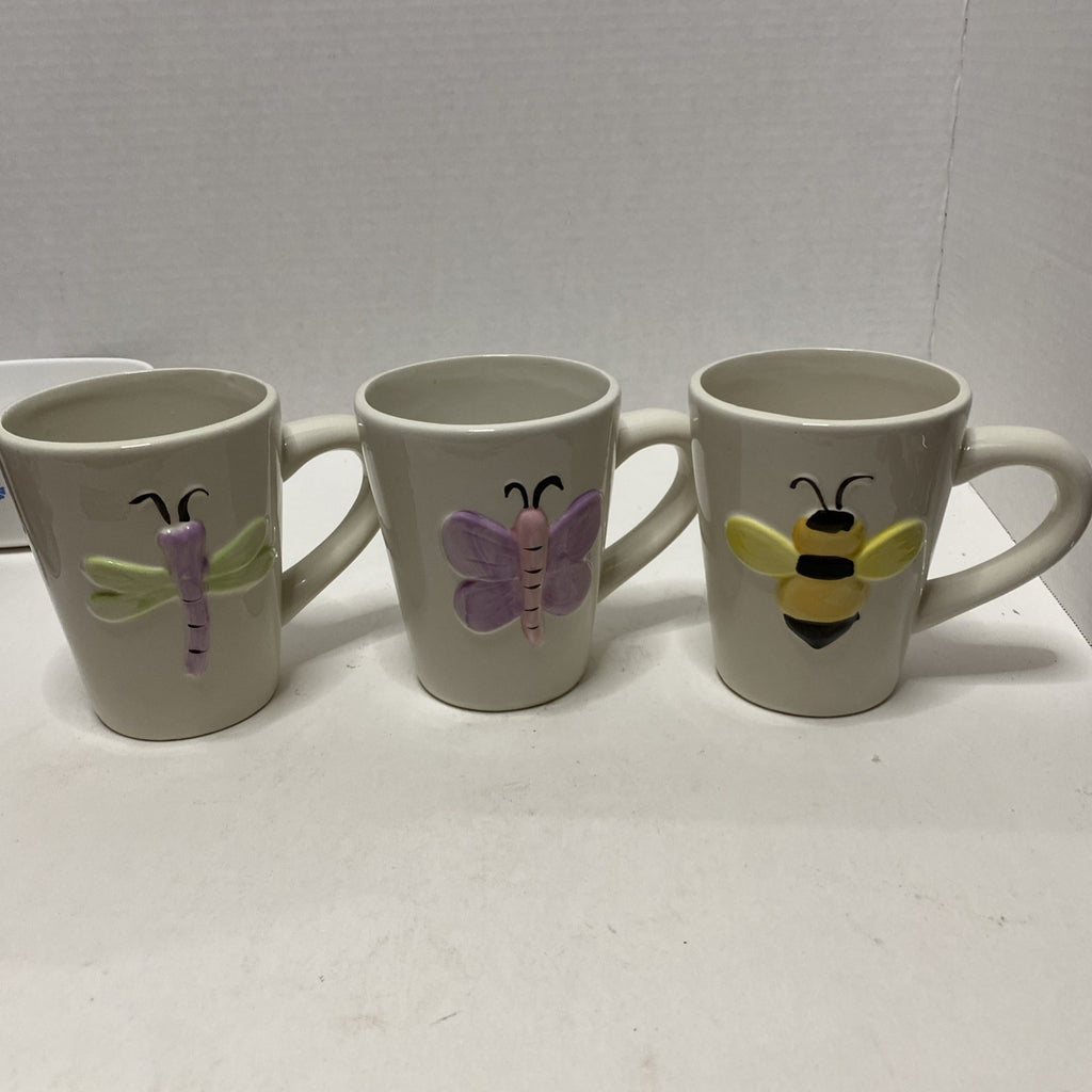 Set Of 3 Bug Mugs, Butterfly, Bee, Dragonfly