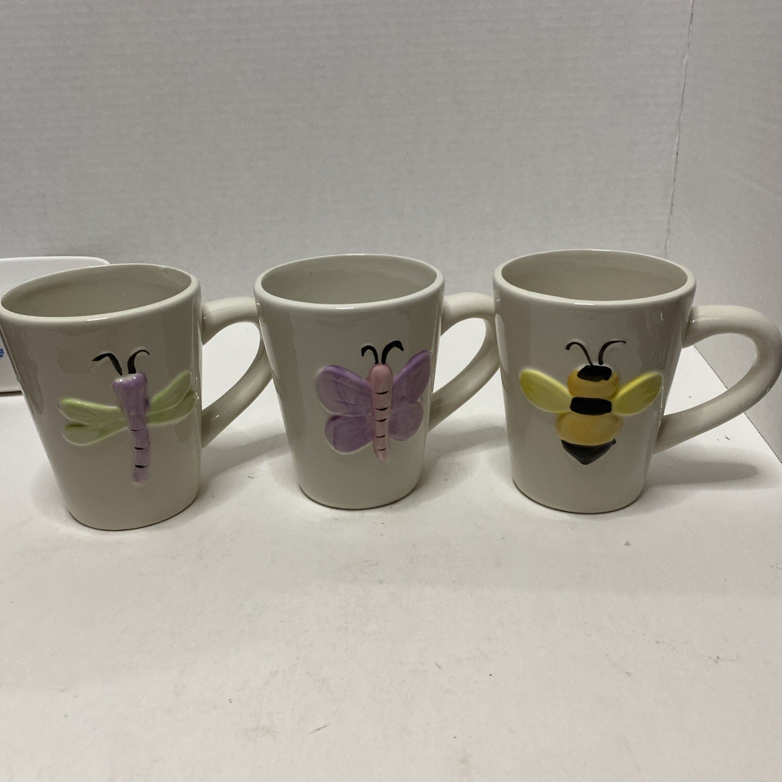 Set Of 3 Bug Mugs, Butterfly, Bee, Dragonfly