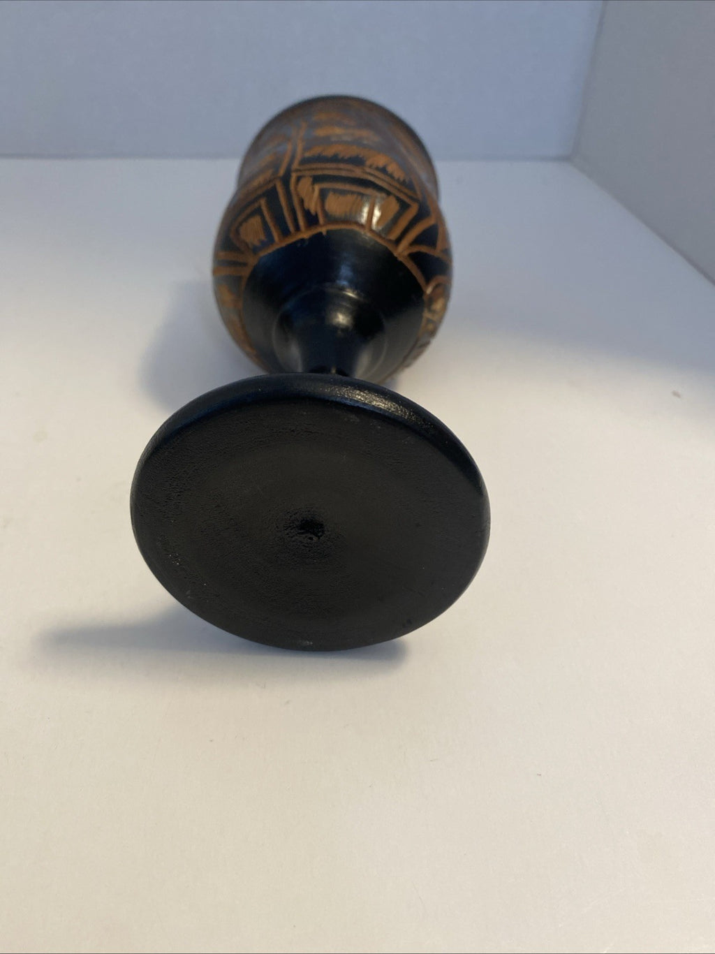 Vintage Black Hand Carved Wooden Stemmed Goblet Light Brown Interior 7.25” (B6)