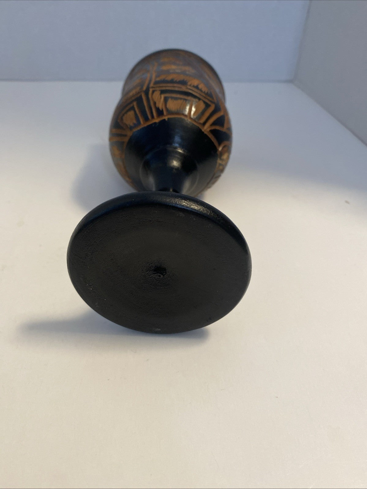 Vintage Black Hand Carved Wooden Stemmed Goblet Light Brown Interior 7.25” (B6)
