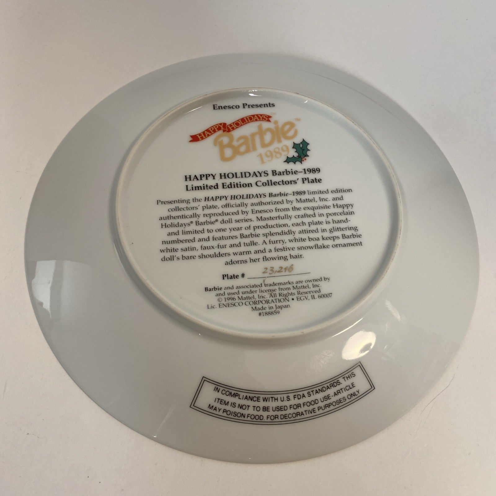 Barbie Collector Plate 8.25" Happy Holidays Barbie 1989 Limited Edition #23216