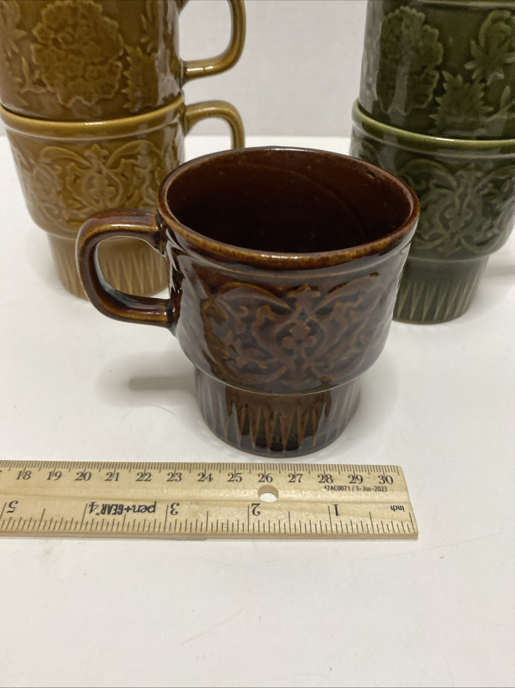 Brown Floral Mugs Japan Set Of 5 Retro Stacking Coffee Cups Vintage
