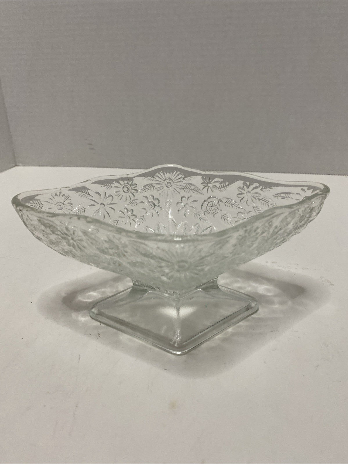 Vintage Clear Indiana Glass Diamond Shaped Footed Floral Nut/Trinket/Candy Dish