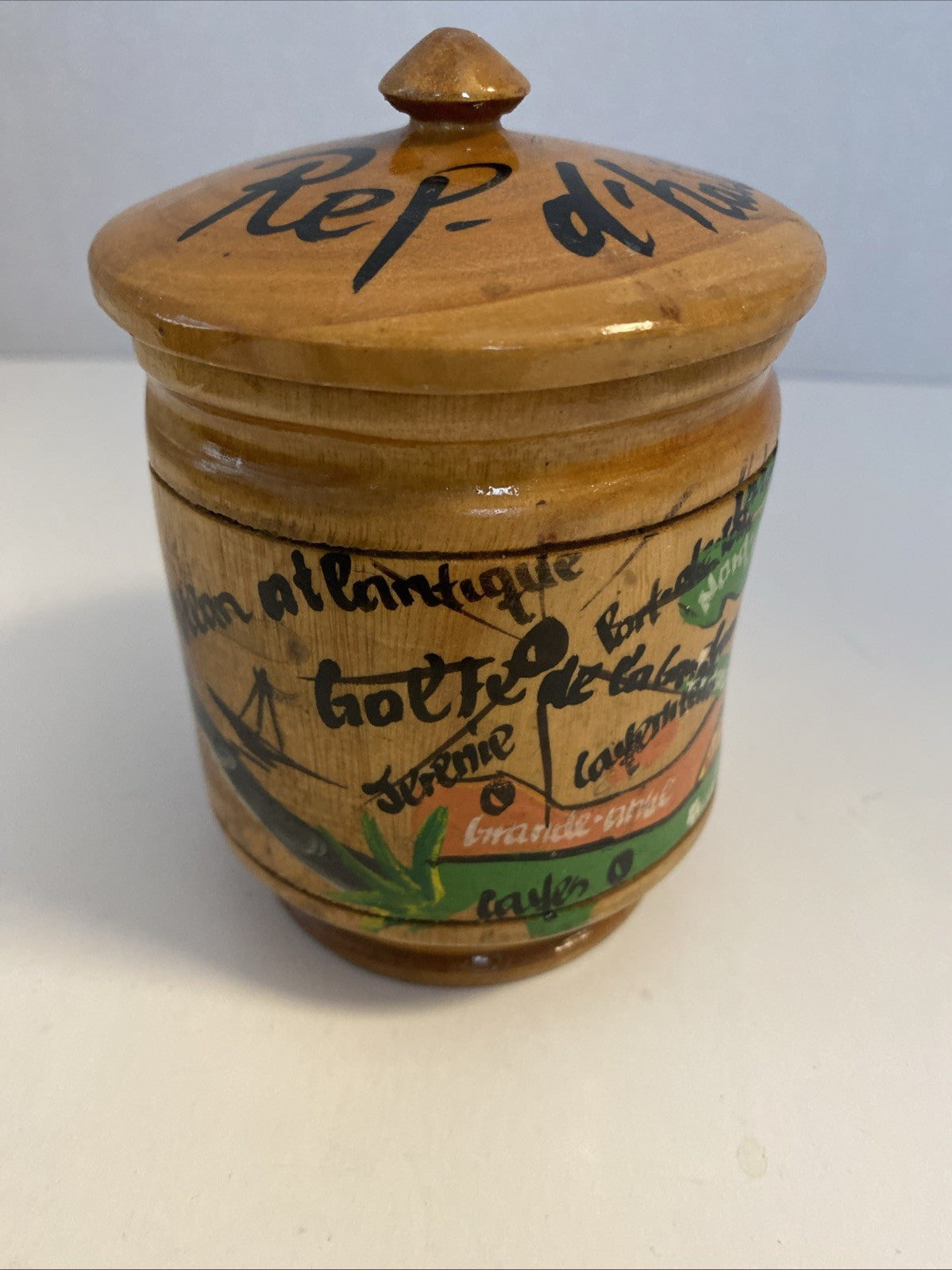 Republic of Haiti Handcrafted Turned Hand Painted Wood Tourist Cup Mug with Lid 