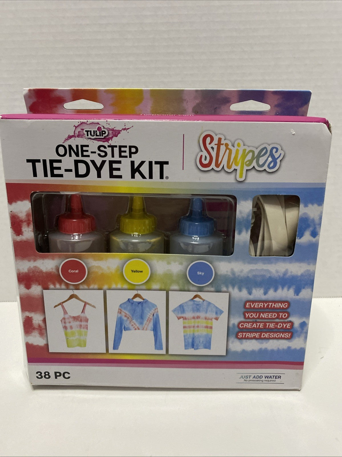 Tulip One-Step Tie-Dye Kit, Stripes, (Coral, Yellow, and Sky Blue) - 38 Pieces
