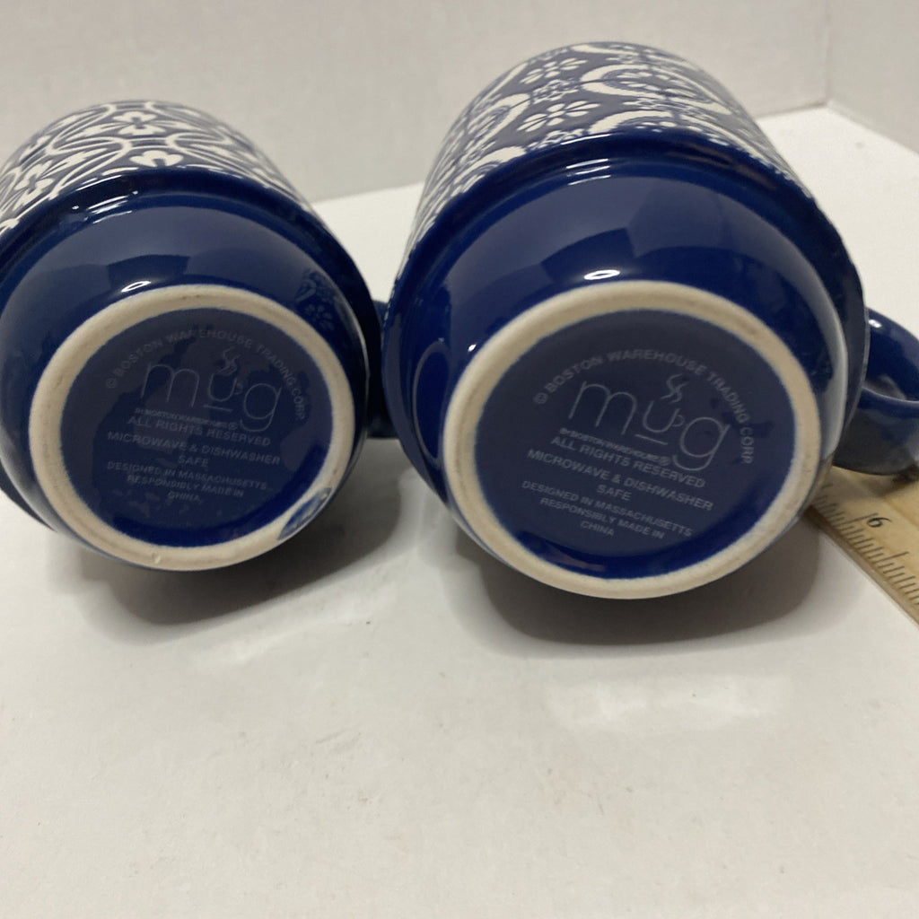 Boston Warehouse Set of 4Blue Print on White Stackable Coffee Mugs