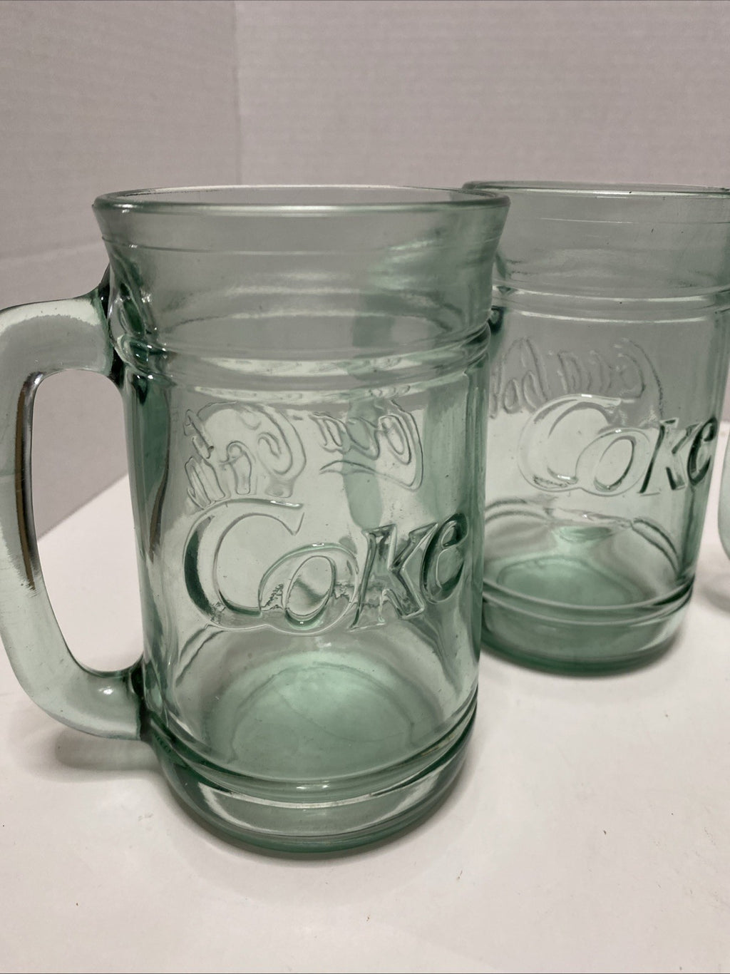 Set of 4 Vintage COCA-COLA Green Glass Coke Mugs Stein w/ Handle 16 oz Heavy