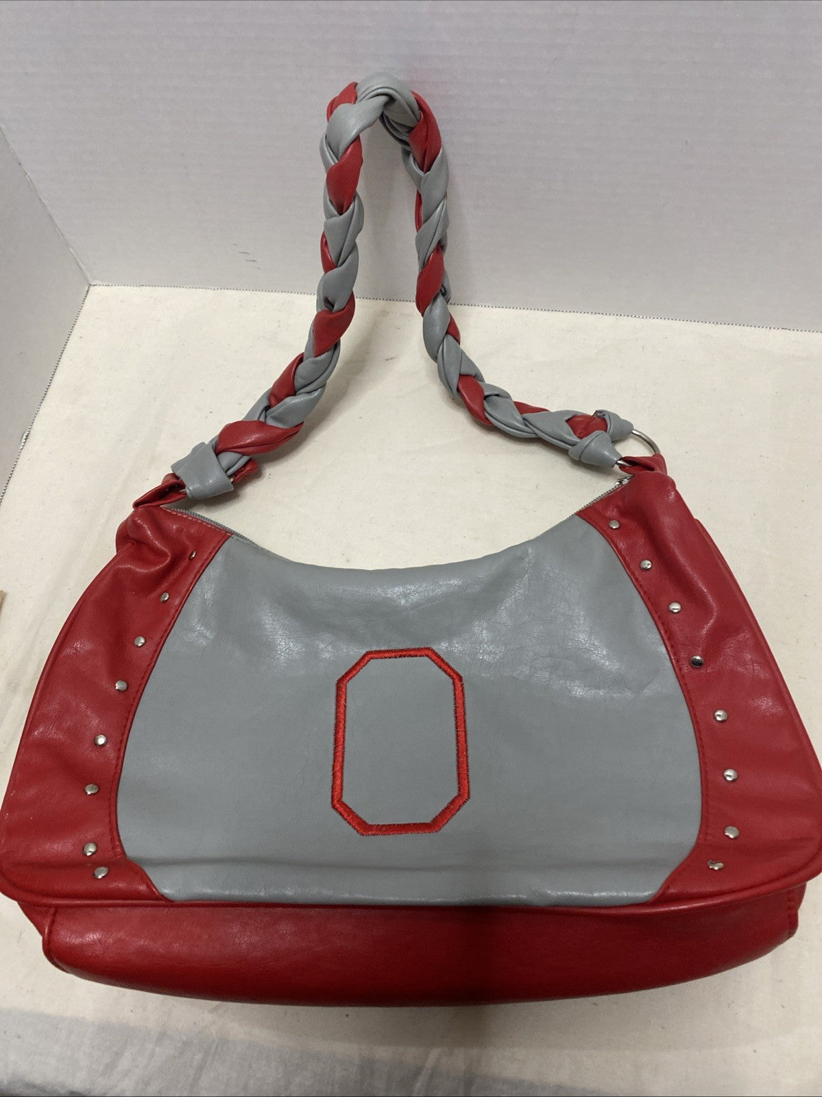 Ohio State Purse With Braided Scarlet And Gray Handle