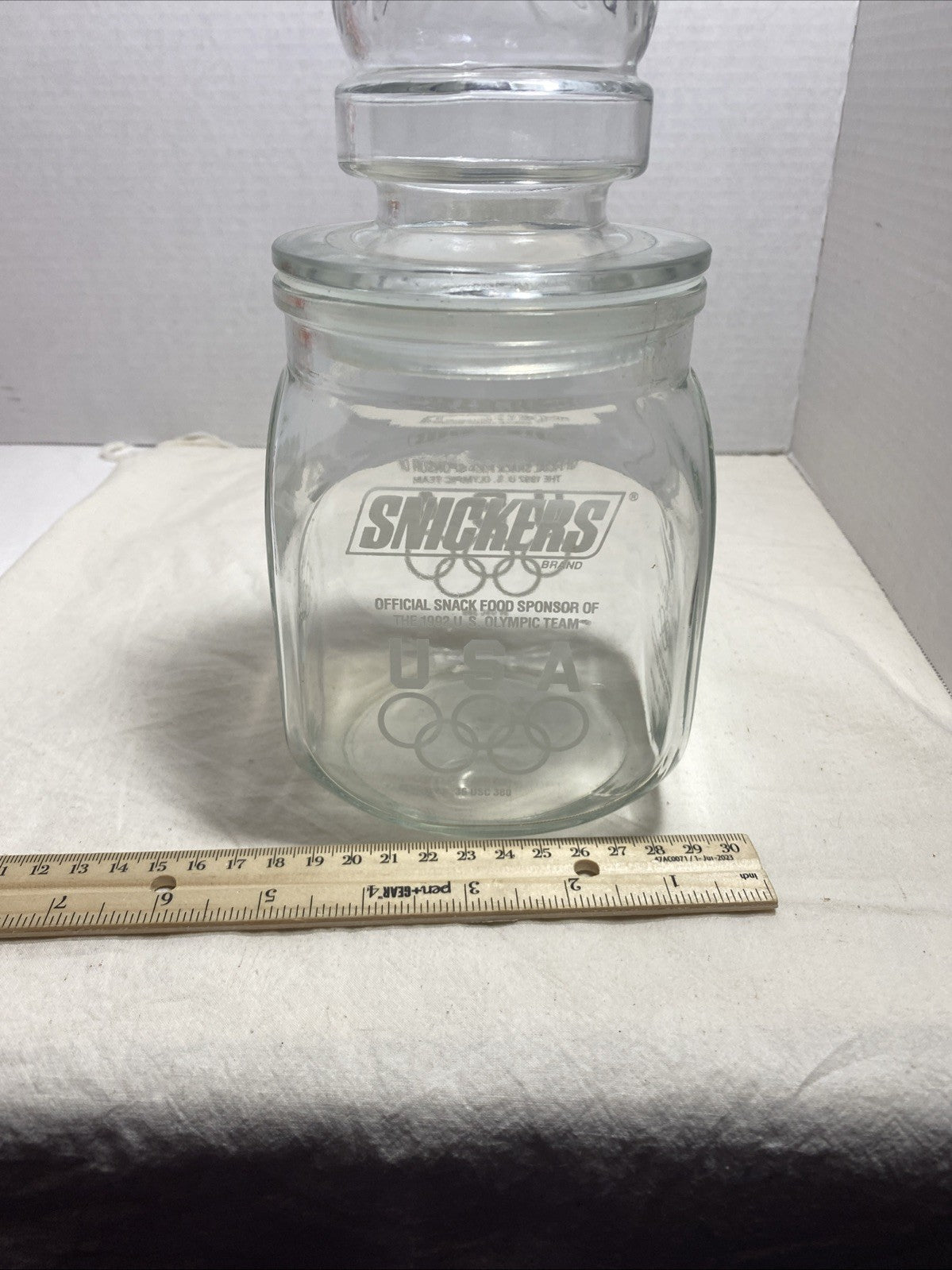 Vintage 1992 OLYMPIC Games SNICKERS Glass Candy Jar with Lid 90s