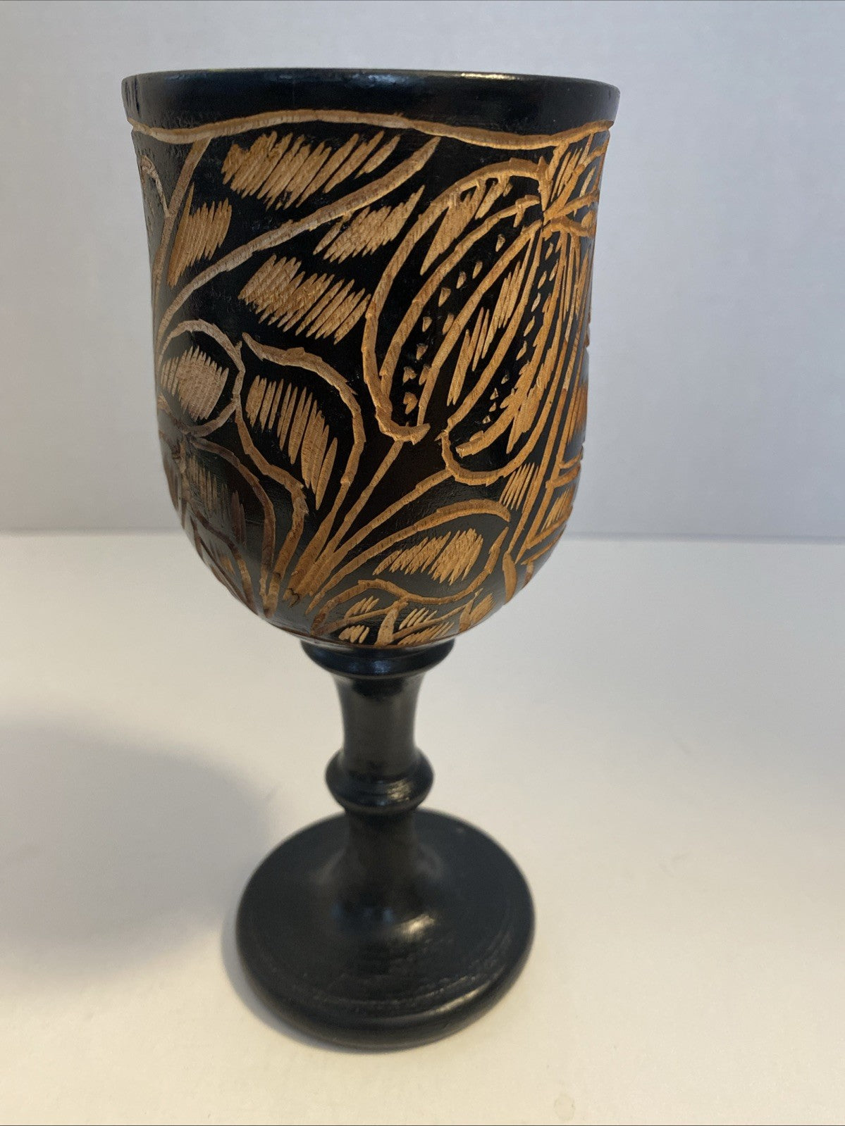 Vintage Black Hand Carved Wooden Stemmed Goblet Light Brown Interior 7.25” (B6)