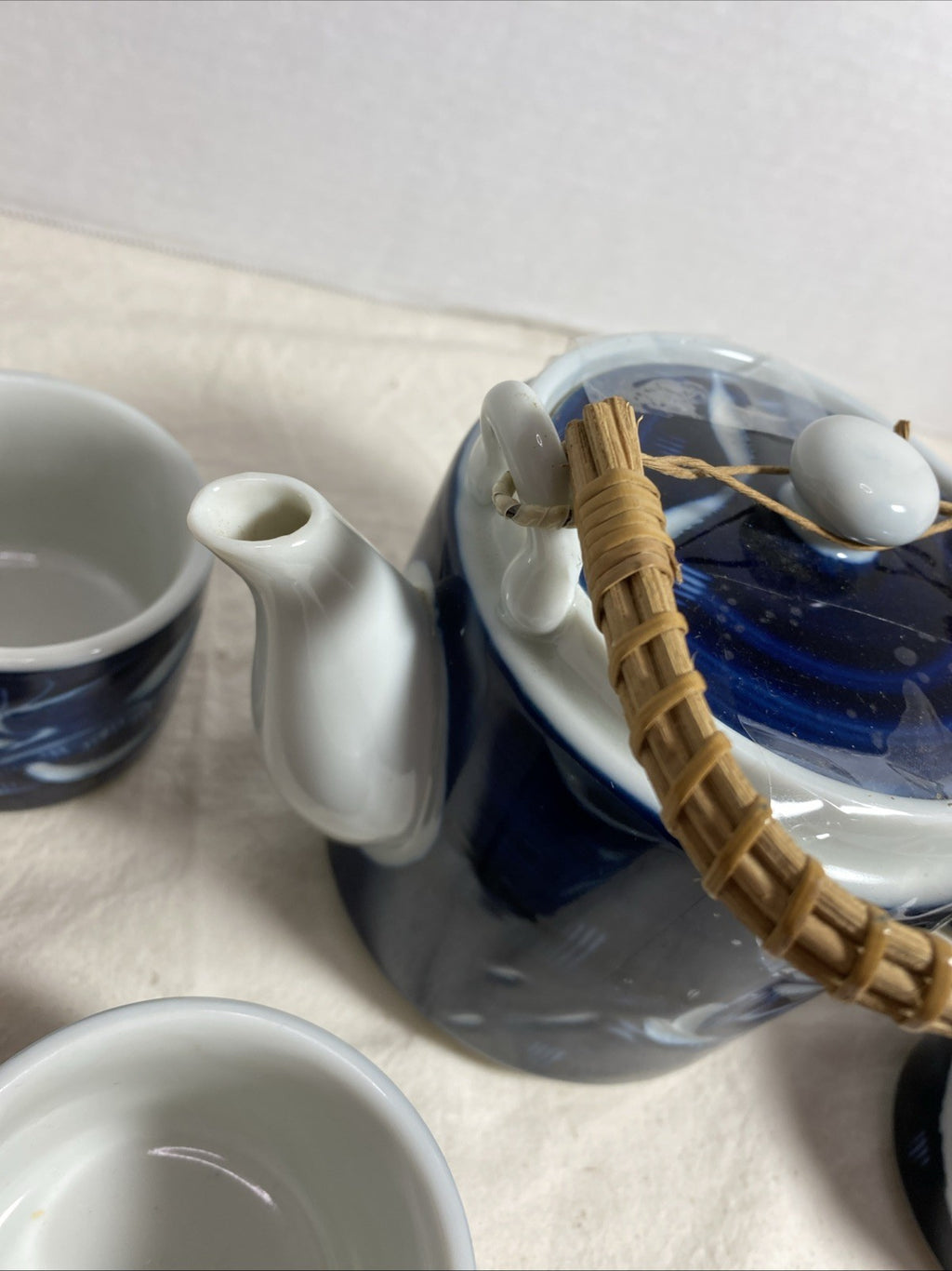 Vintage MCI Japan Blue Ceramic Teapot and Cup Set with White Etched Deer Design