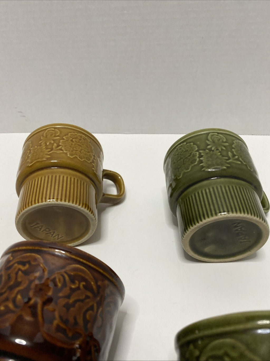 Brown Floral Mugs Japan Set Of 5 Retro Stacking Coffee Cups Vintage