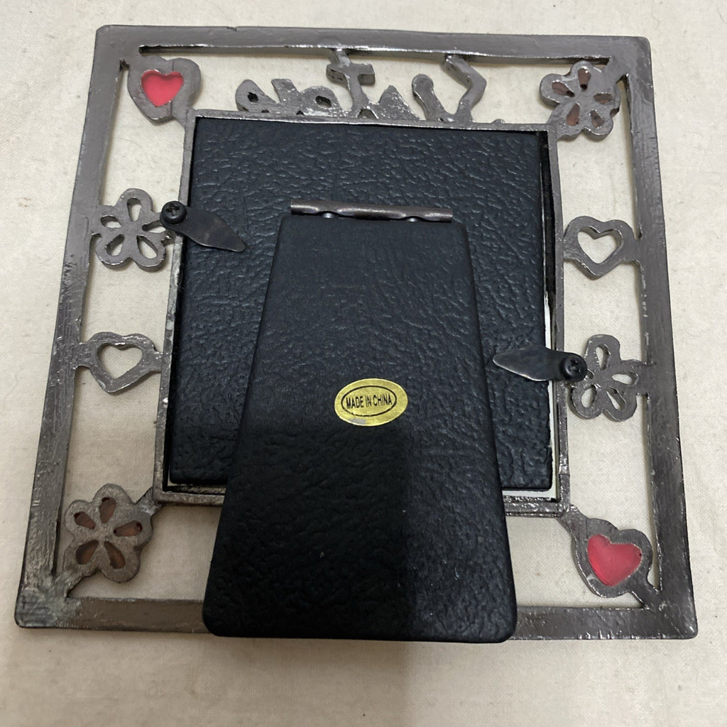EUC Pewter-Look Square "Sisters" Photo Frame, Hearts/Flowers, Opening=2"+ x 2"+