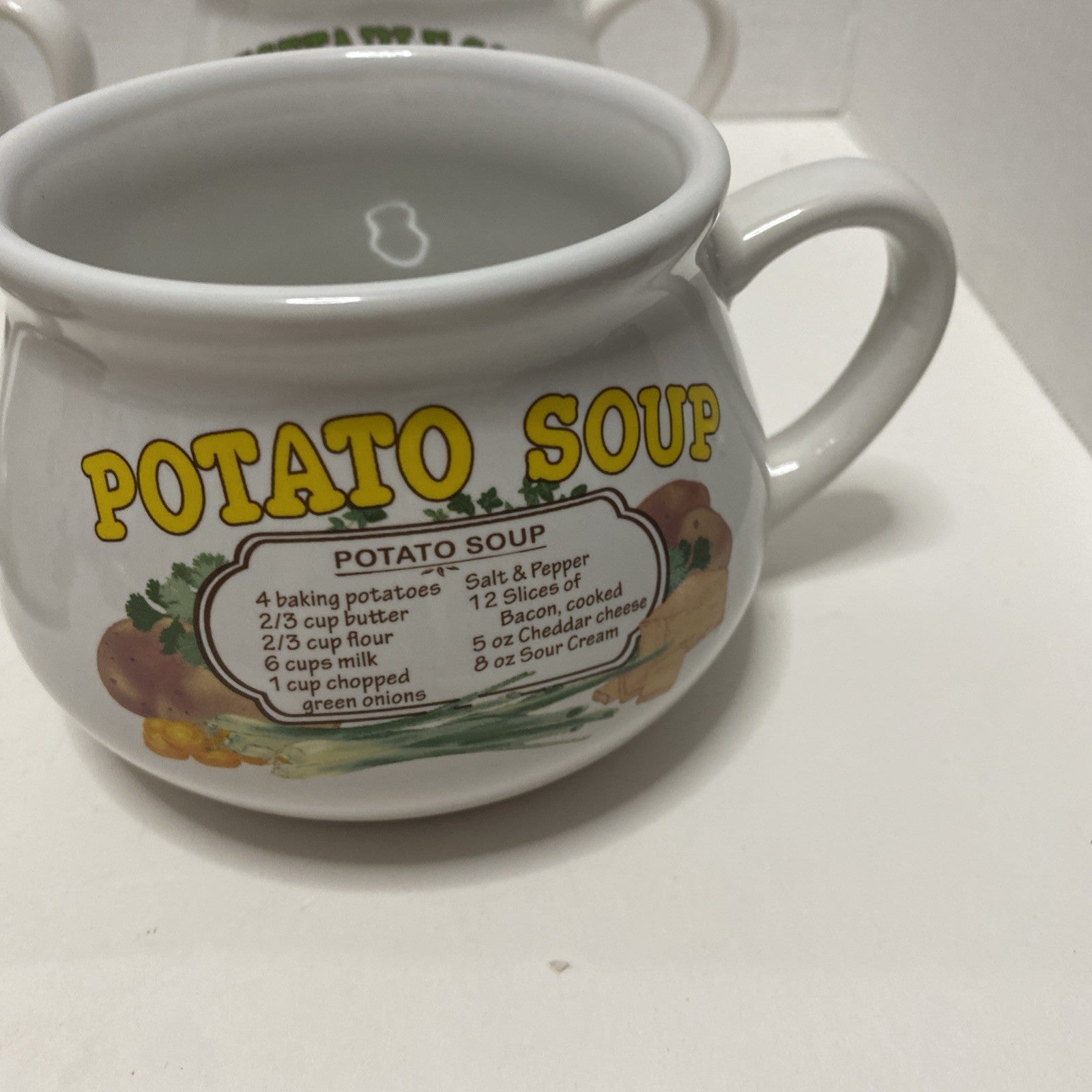 Vintage Set of 4 DDJ Recipe Ceramic Soup Mug Bowls Potato Tomato Chicken Veggie