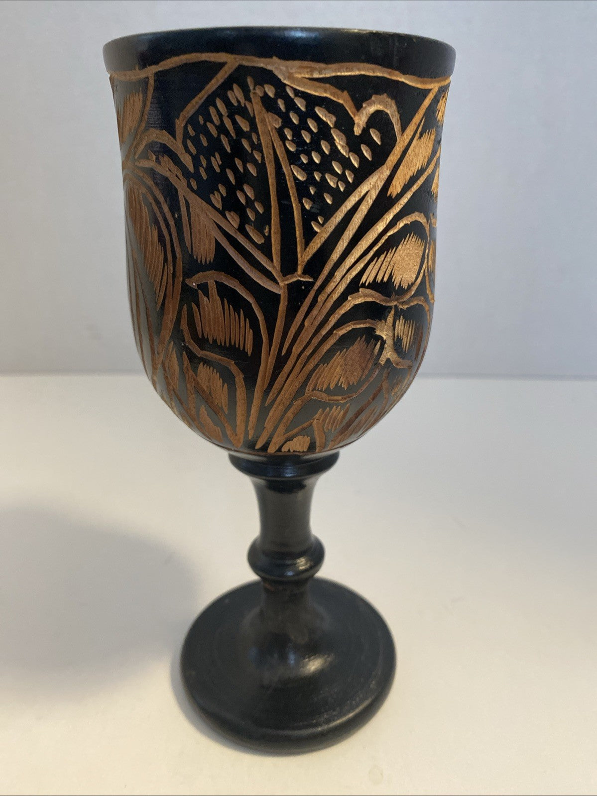 Vintage Black Hand Carved Wooden Stemmed Goblet Light Brown Interior 7.25” (B6)