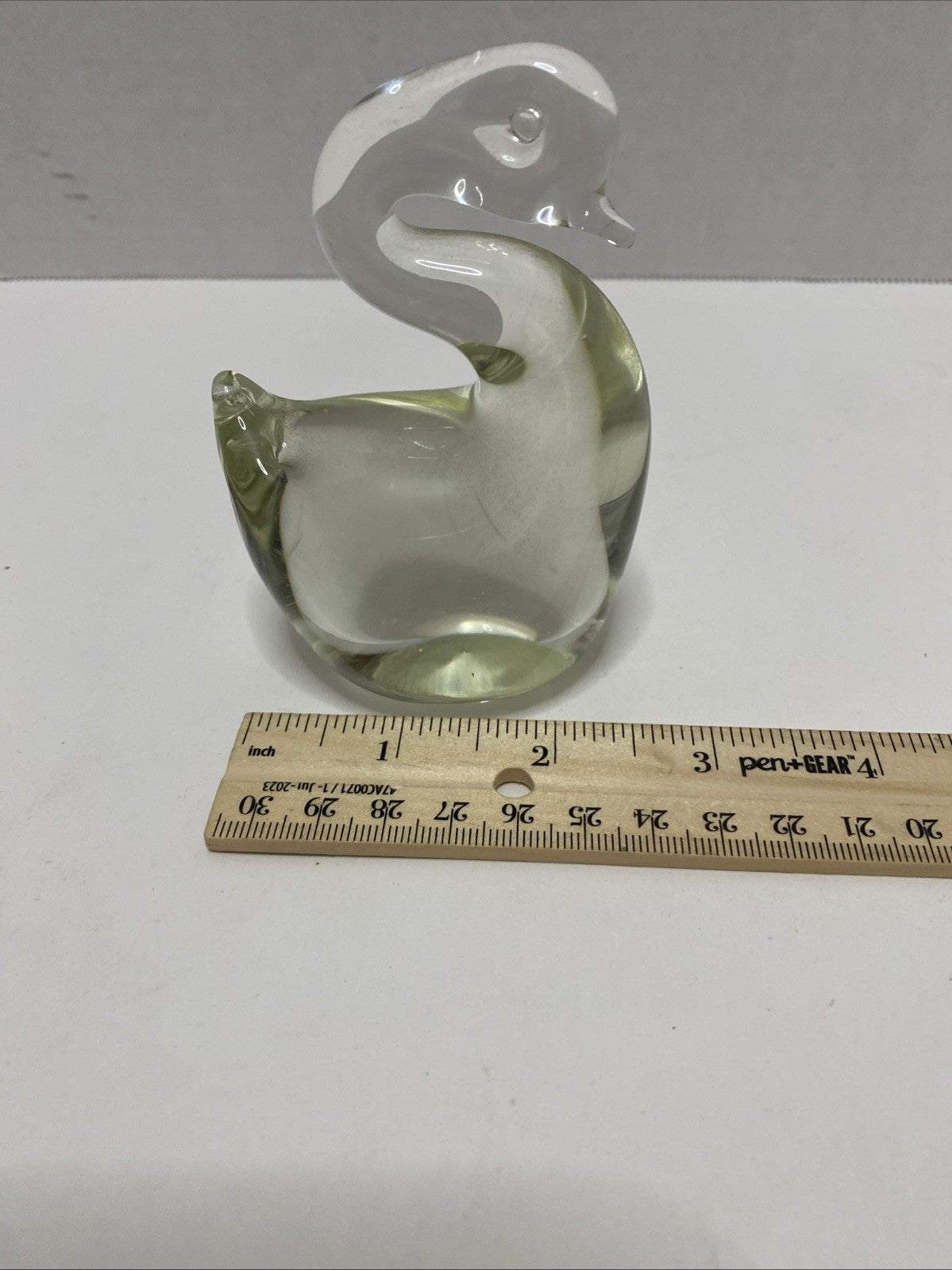 Vintage Clear With Yellowing Glass Paperweight Swan 4”