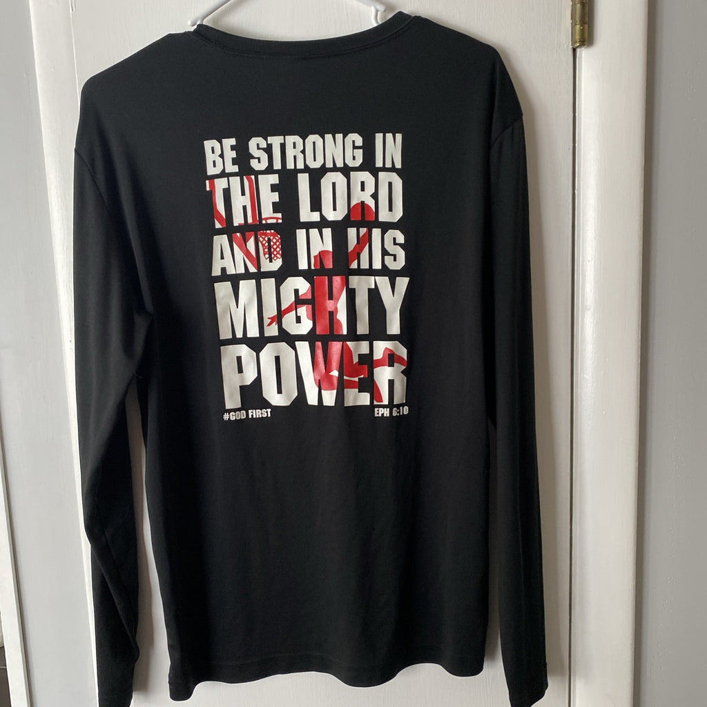 God strong long sleeve black sweat wicking Philippians 4:13 size small AAU baske