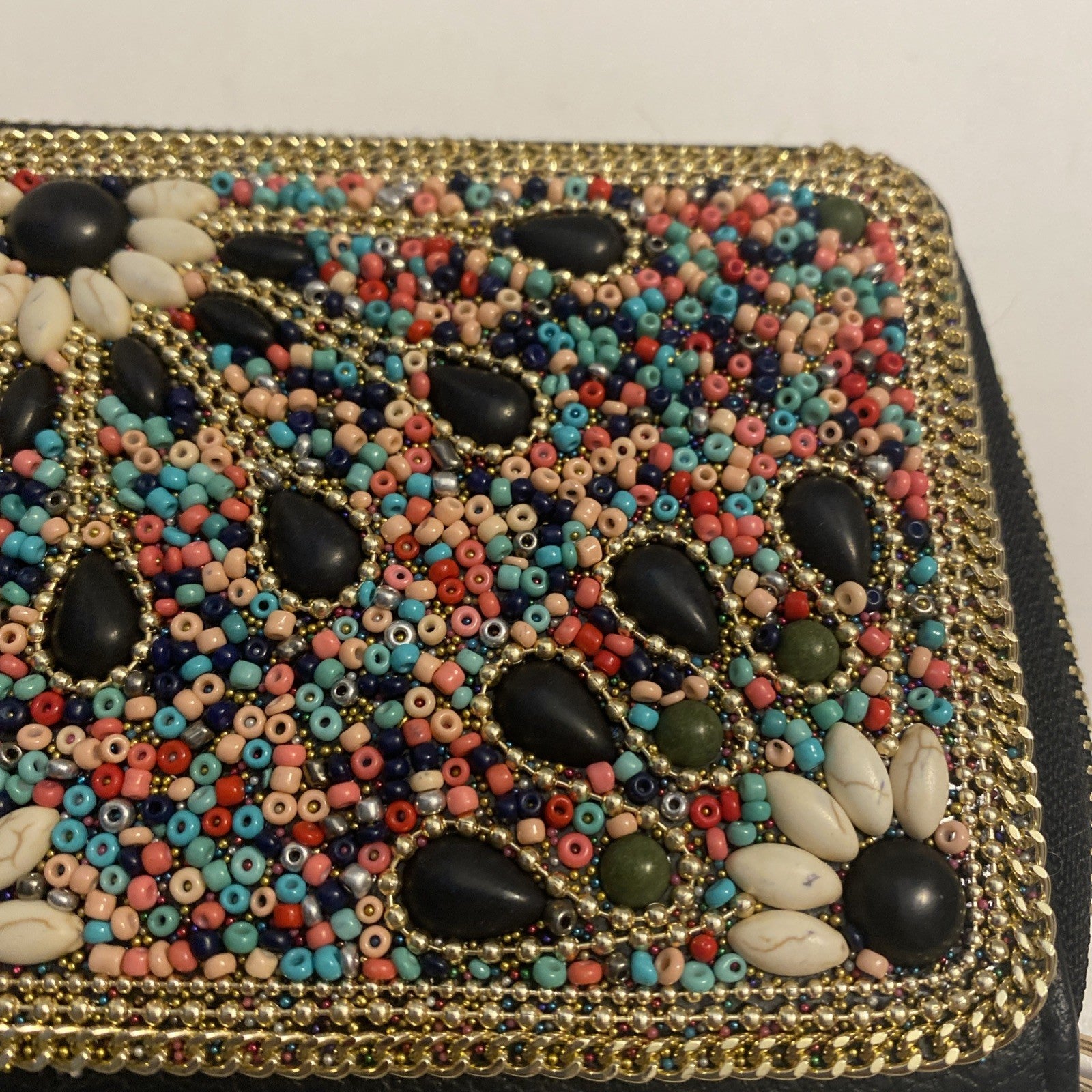 Beaded wallet Black leather with pink, teal peach, dark blue beads, golden trim