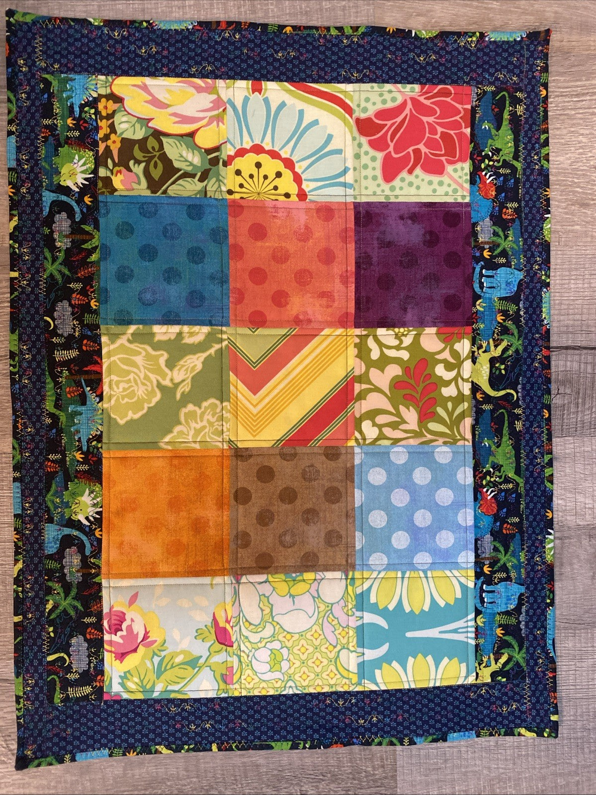 Handmade Quilted Table Topper 19.5 X 26 Blue Red Green Purple With Dinosaurs
