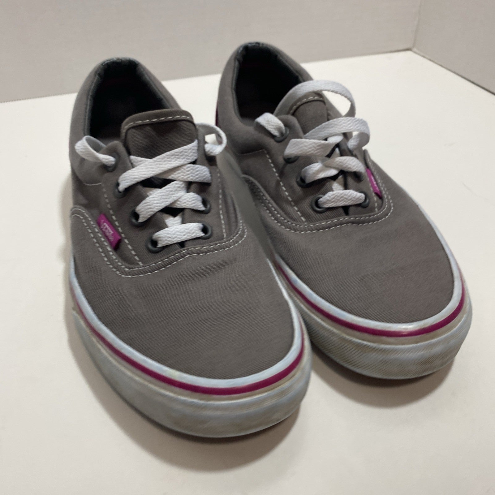 Pink And Grey Low Top Athletic Vans. Men 6 Women 7.5