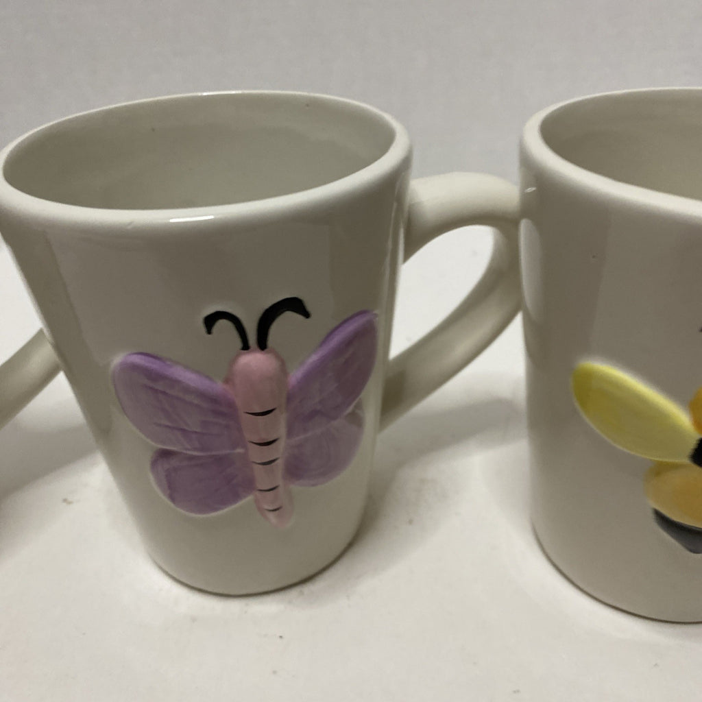Set Of 3 Bug Mugs, Butterfly, Bee, Dragonfly