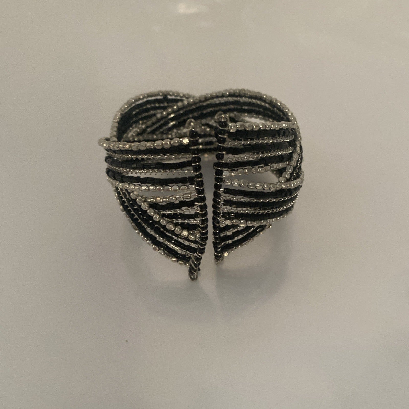 Vintage Cuff Bracelet Open Cuff 5" Silvertone Black 1.5" Wide 1970-1980
