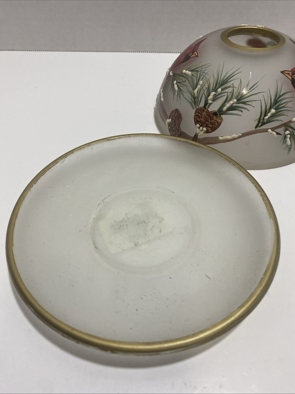 Dennis East International Frosted Glass Candle Holder Cardinal and Winter Pine