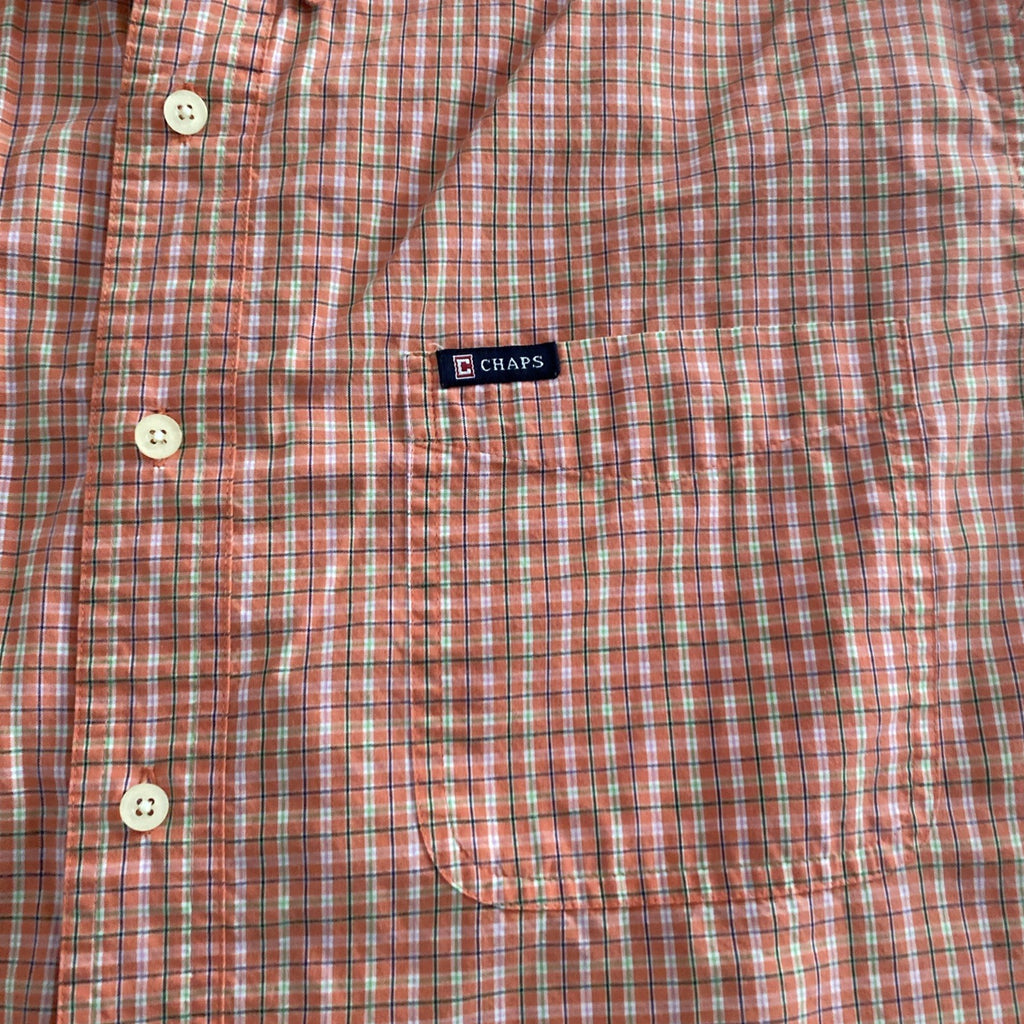 Chaps Easy Care Mens Shirt Orange & White Large Short Sleeve Button Plaid Pocket