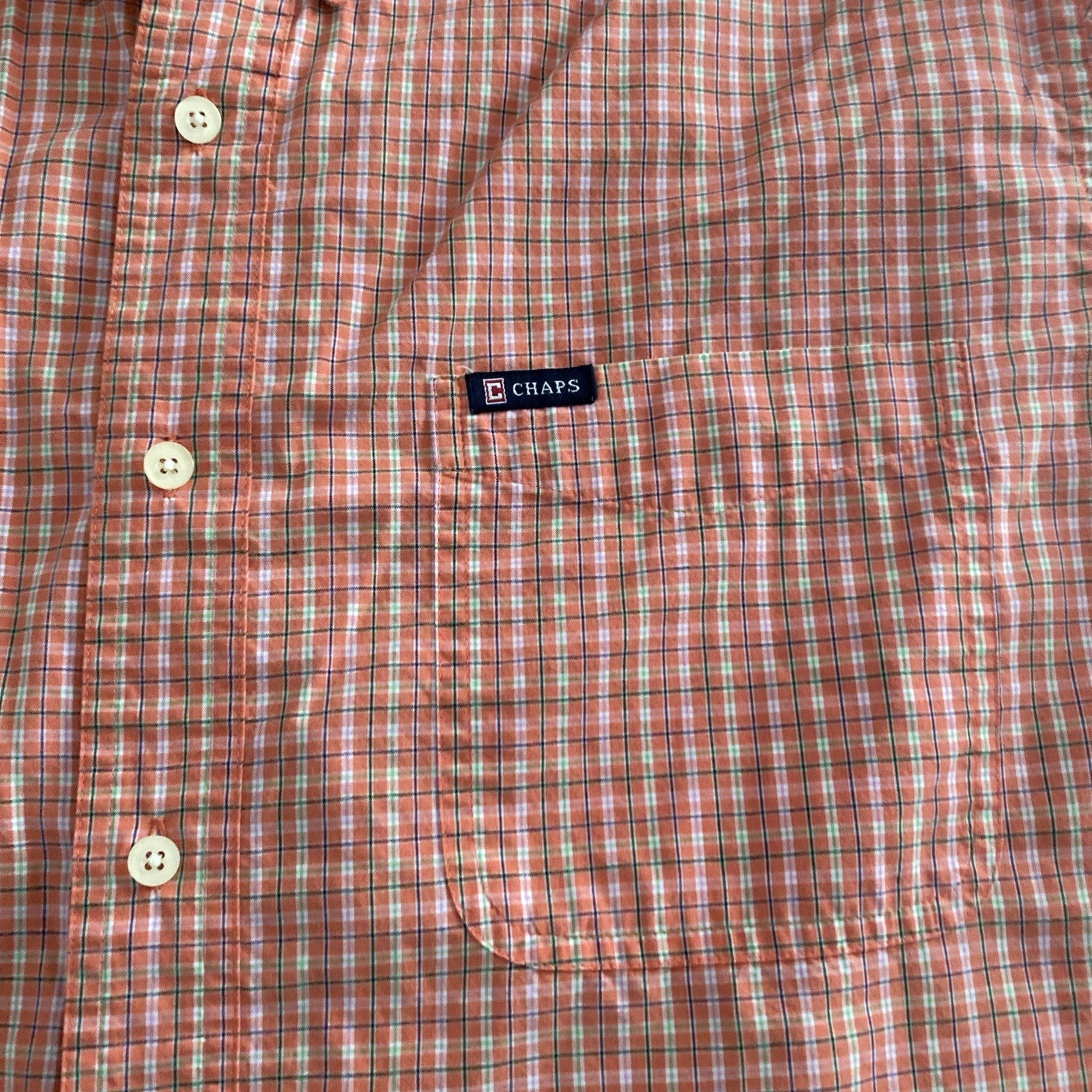 Chaps Easy Care Mens Shirt Orange & White Large Short Sleeve Button Plaid Pocket