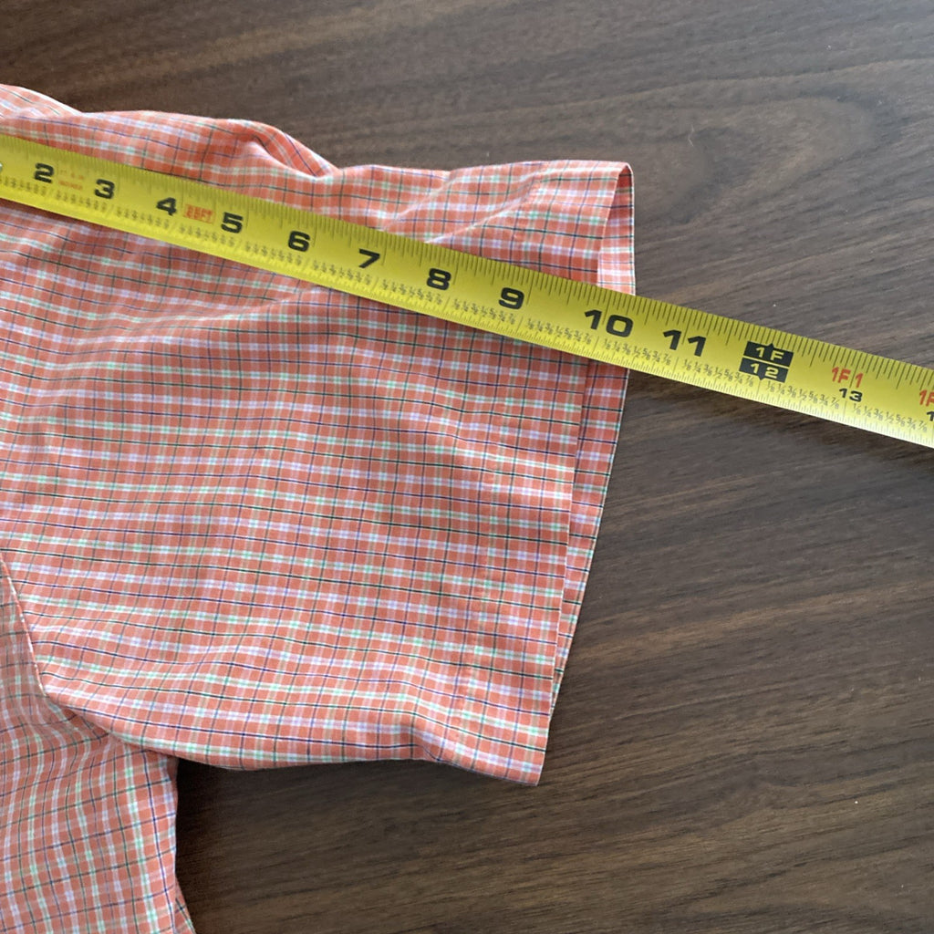 Chaps Easy Care Mens Shirt Orange & White Large Short Sleeve Button Plaid Pocket