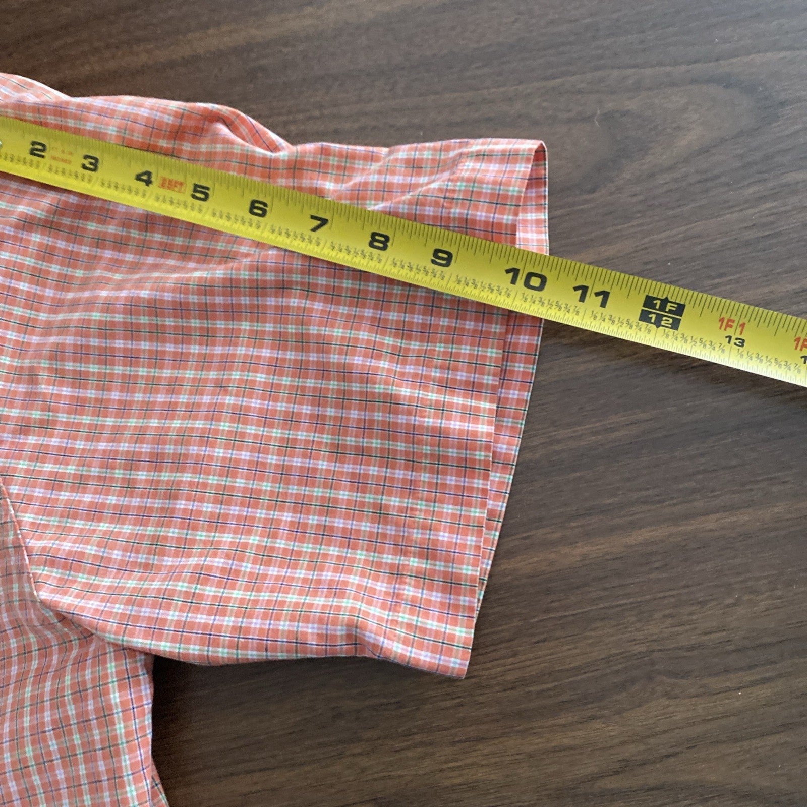 Chaps Easy Care Mens Shirt Orange & White Large Short Sleeve Button Plaid Pocket
