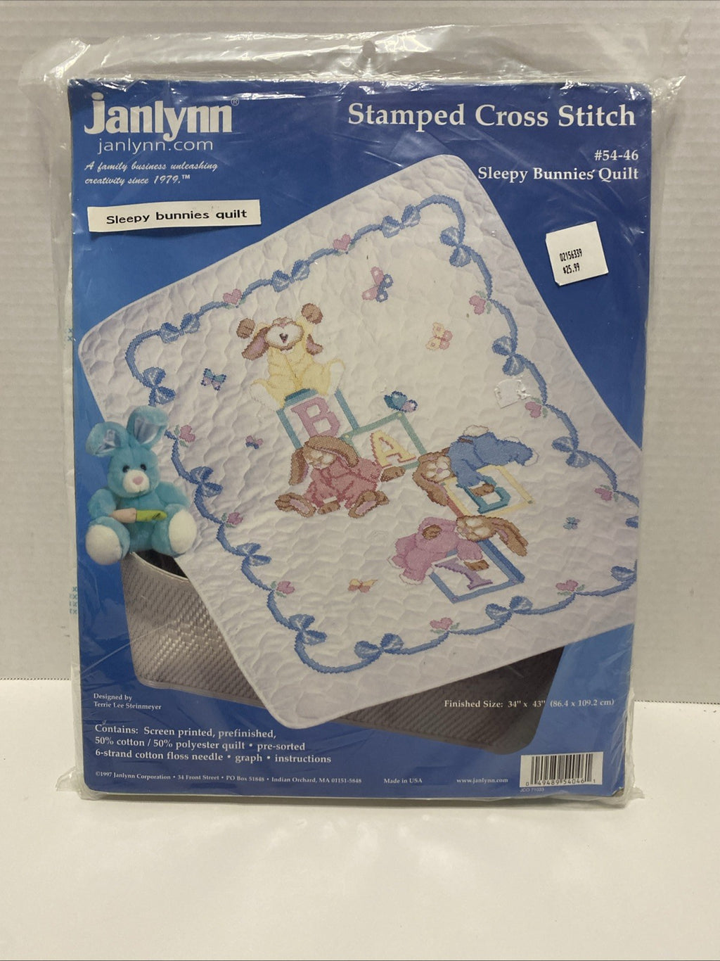 1992 JANLYNN Printed Cross Stitch Kit SLEEPY BUNNIES QUILT #54-46 New Sealed