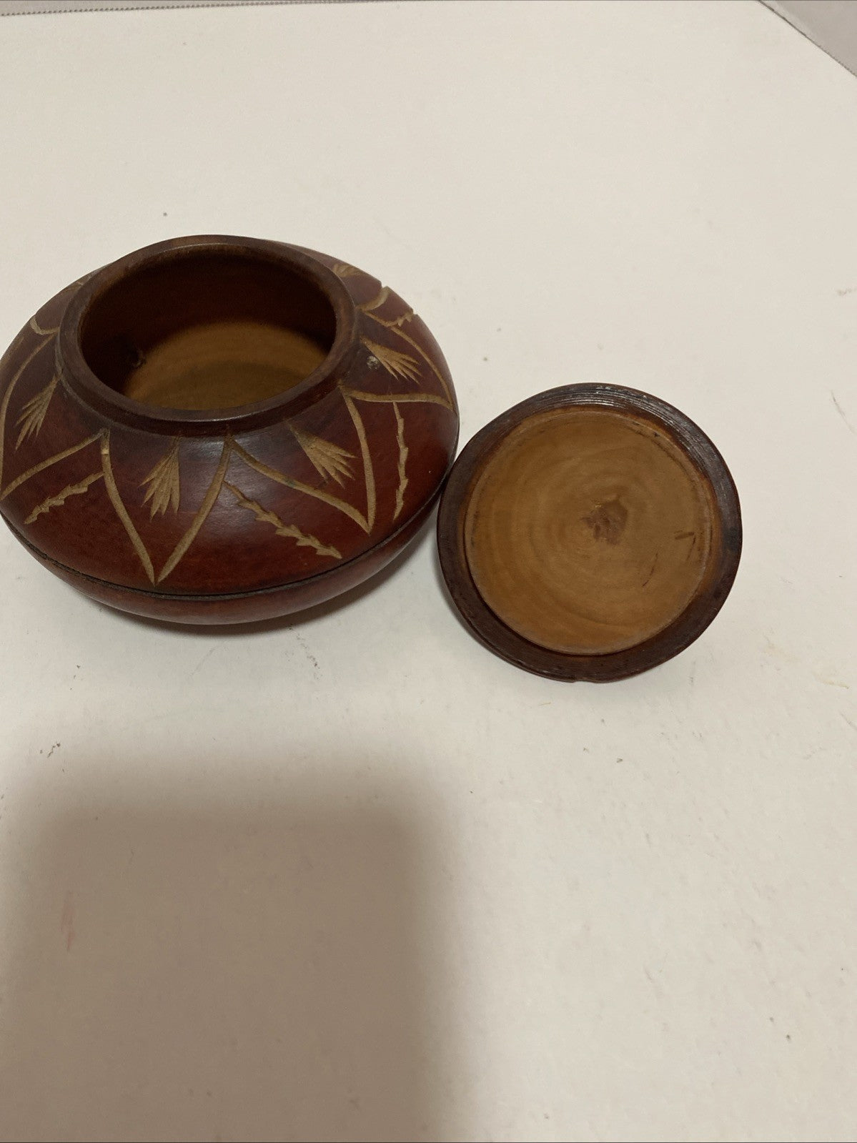 Vintage Hand Carved Wooden Trinket Box With Lid Swirl Design Small 5” Approx