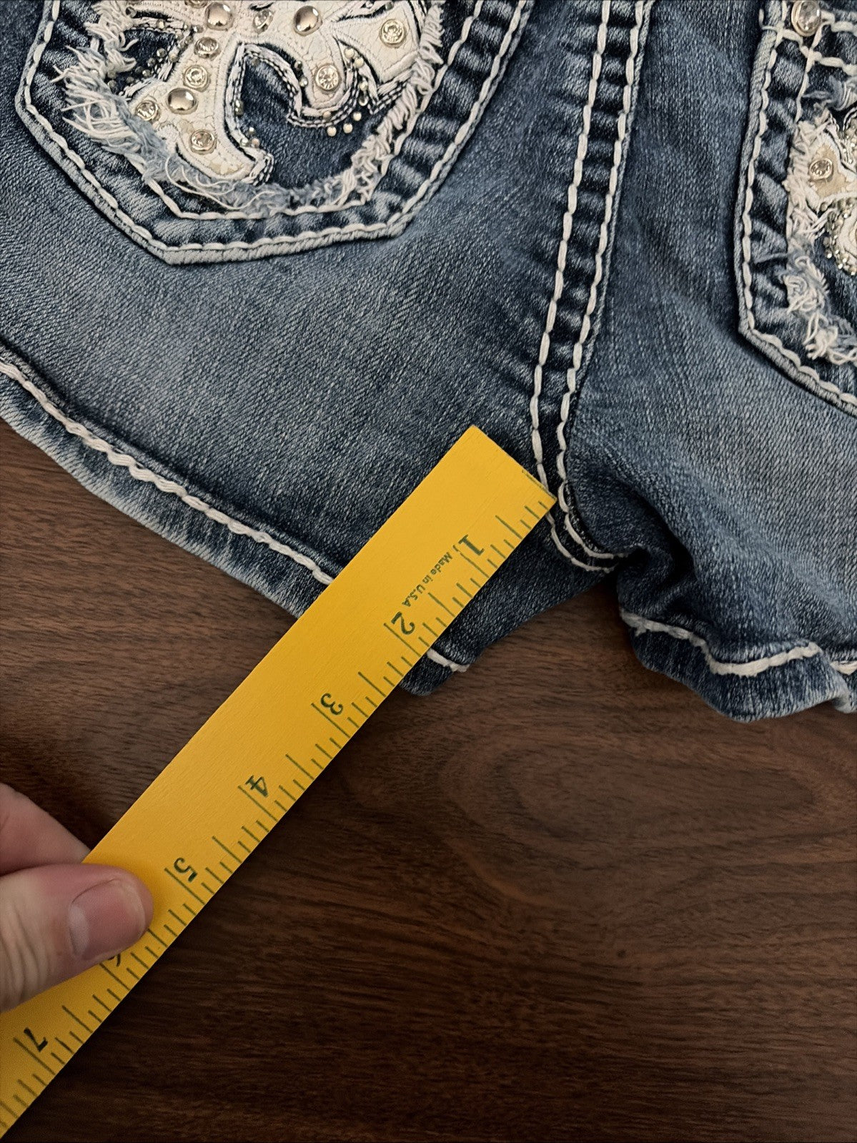 Miss Chic Denim Jean SHORTS, Size M Style C198, Rhinestones Gems BLING