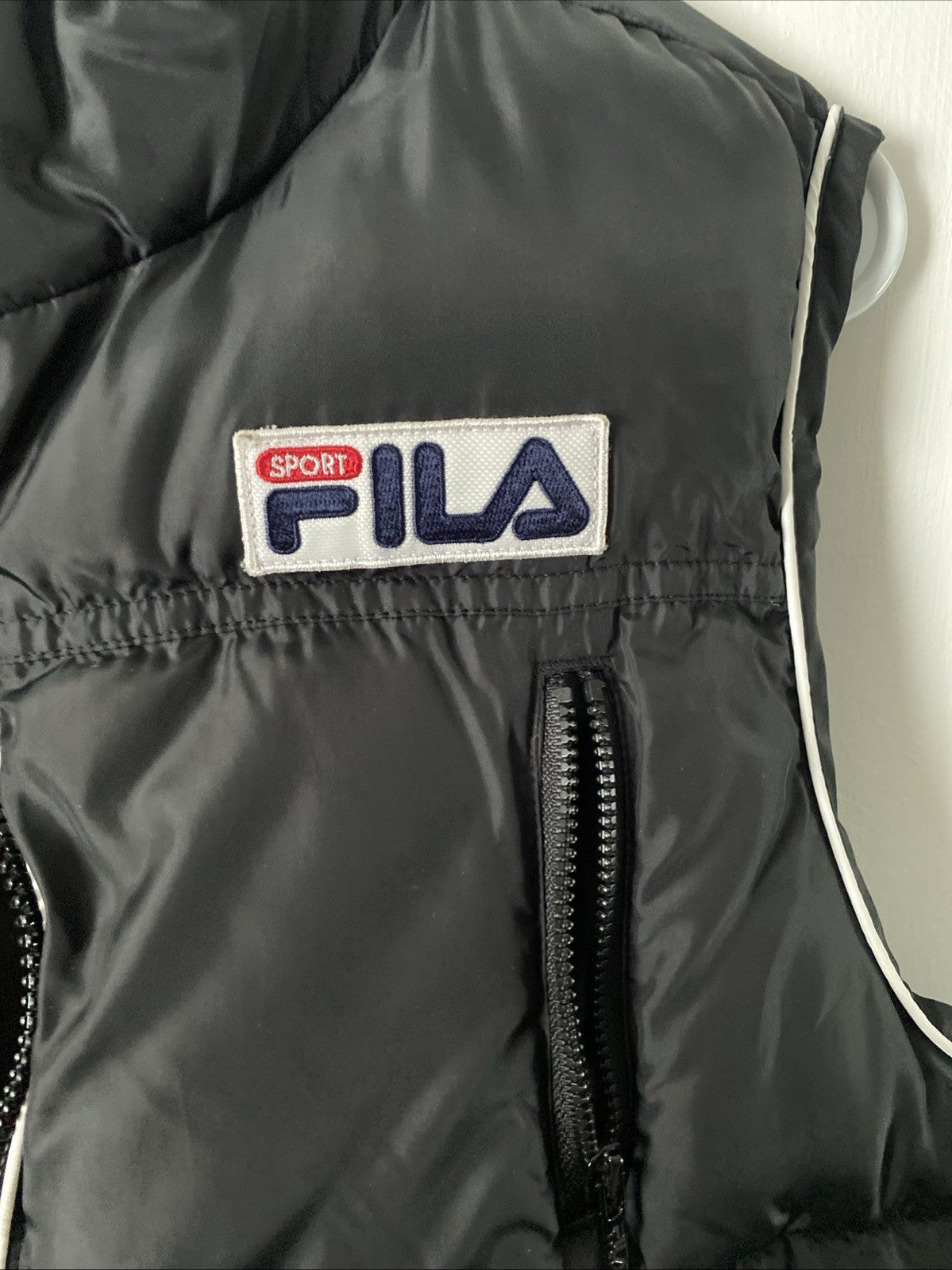 Fila Vest Womens Medium Black Puffer Full Zip Mock Neck Flap Pockets Ribbed Hem