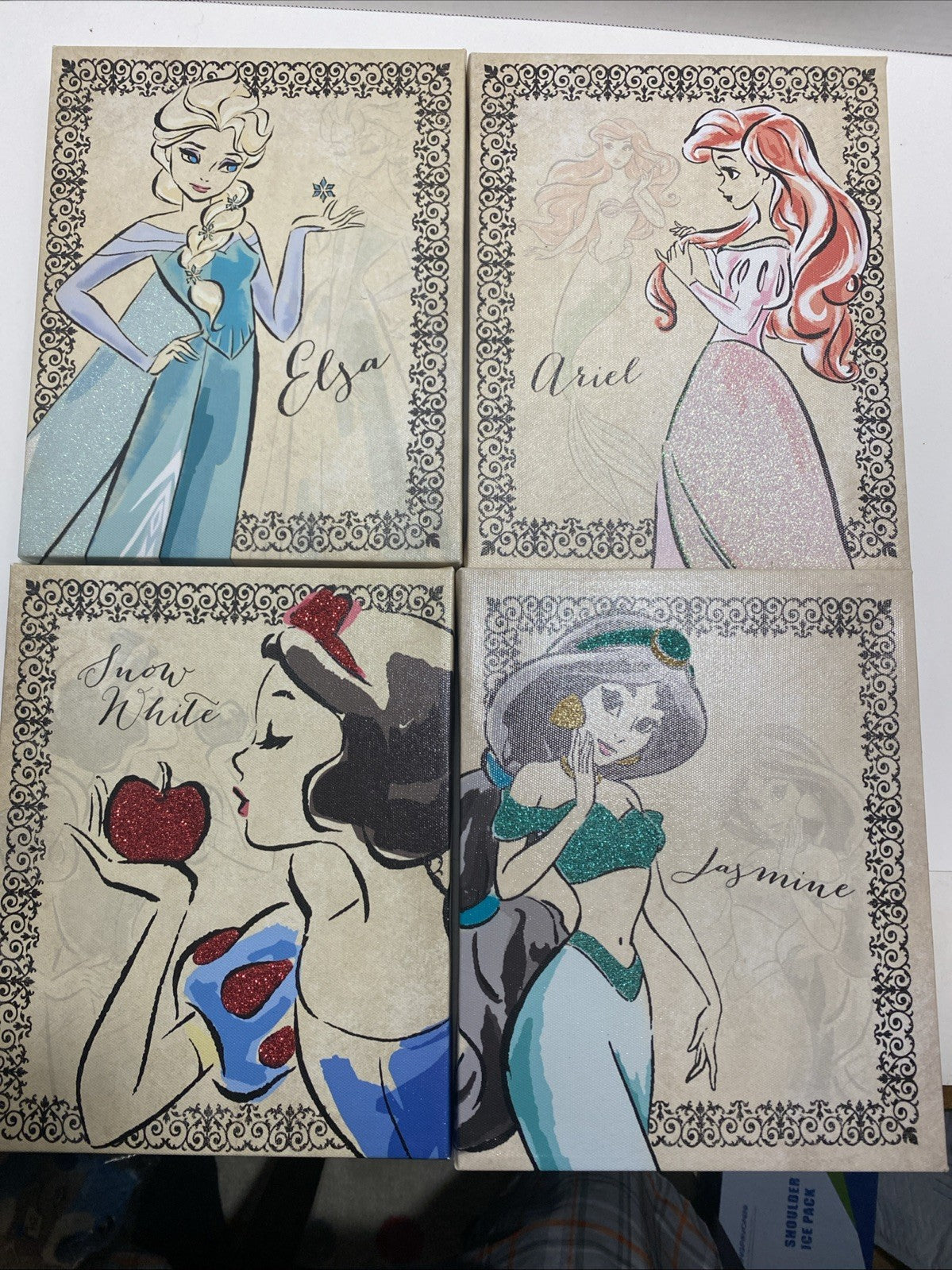 SET OF 4 DISNEY PRINCESS PICTURES  8" X 10" SNOW WHITE ARIEL ELSA JASMINE