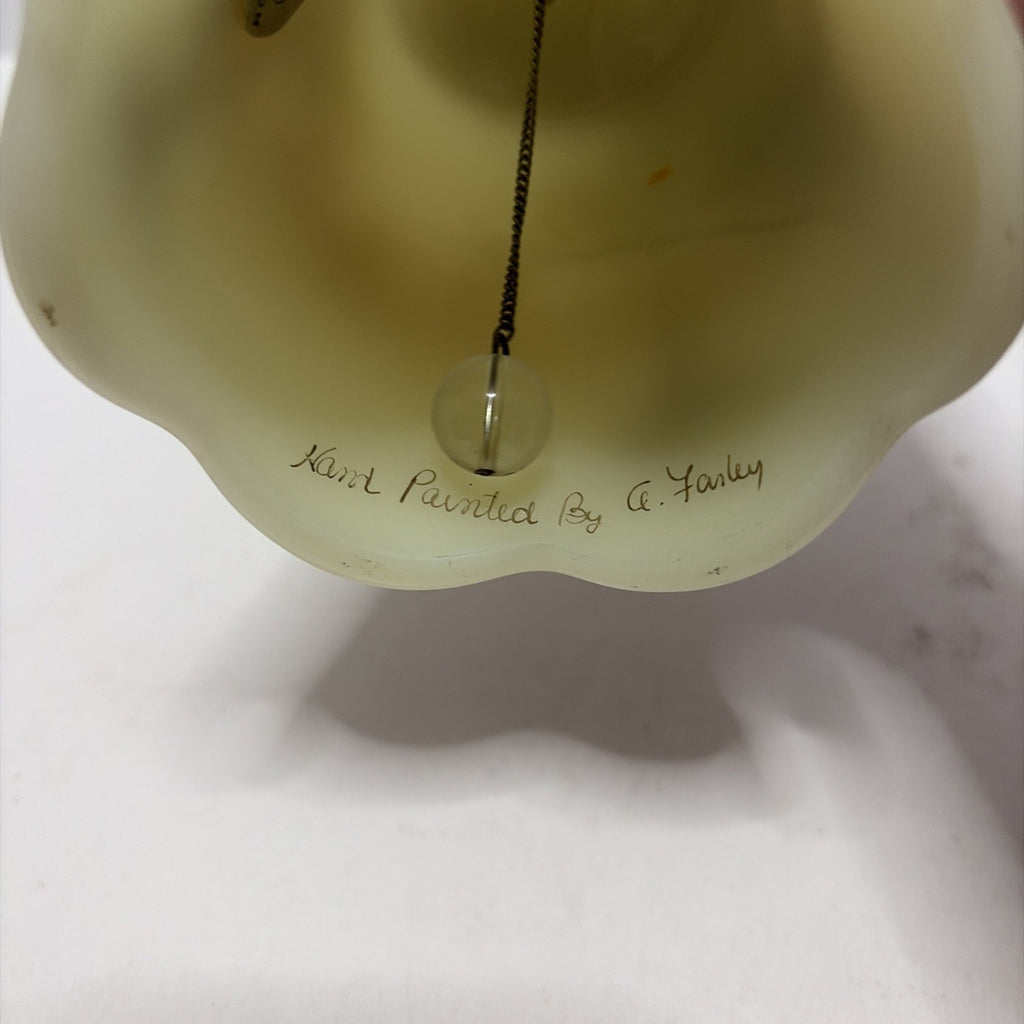 Vintage Fenton Uranium Custard Glass Bell Log Cabin Hand Painted Signed ~ Glows