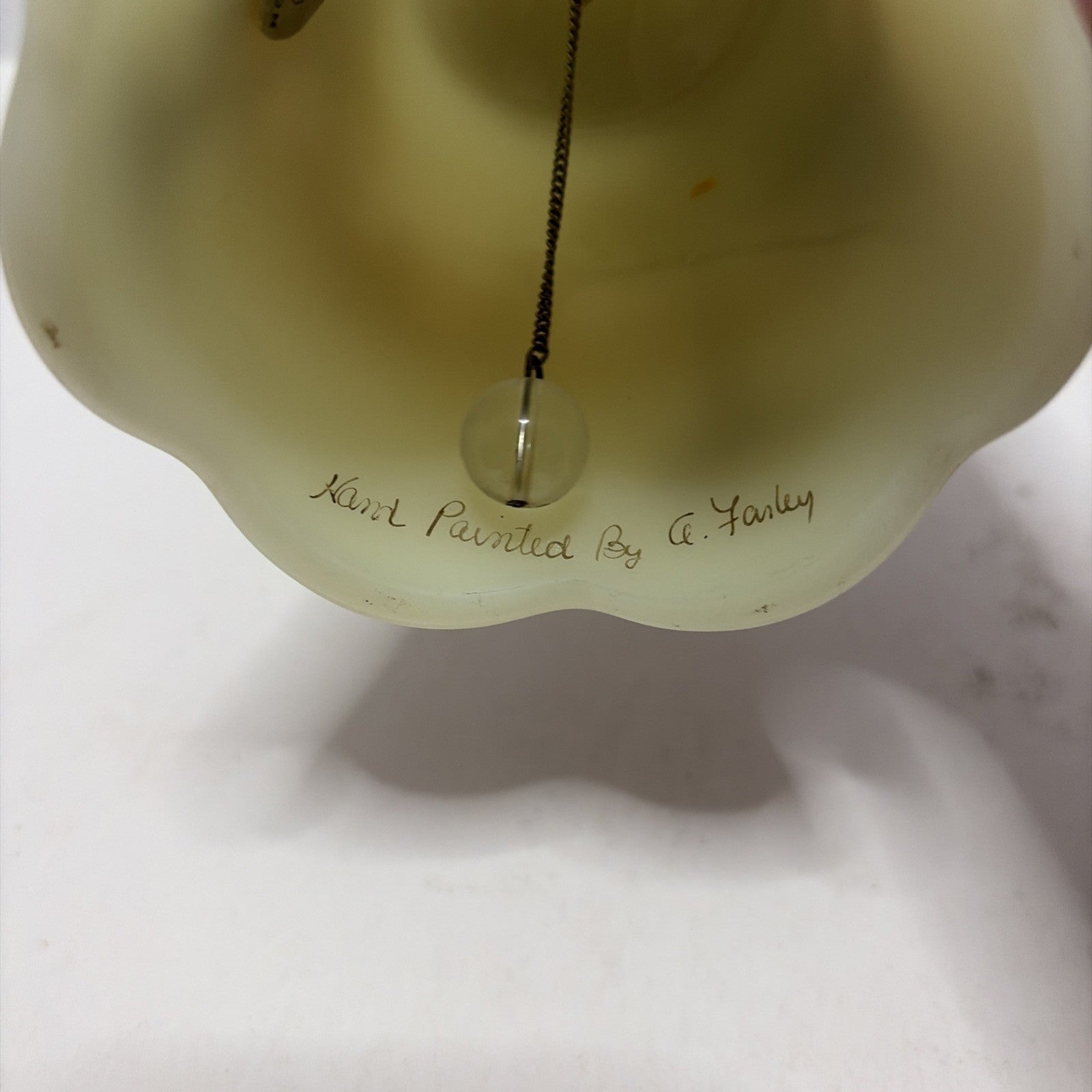 Vintage Fenton Uranium Custard Glass Bell Log Cabin Hand Painted Signed ~ Glows