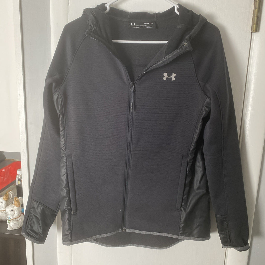 Under Armour Fleece Full Front Zip Jacket Spell-Out Back ~ Women's Small W/ Hood
