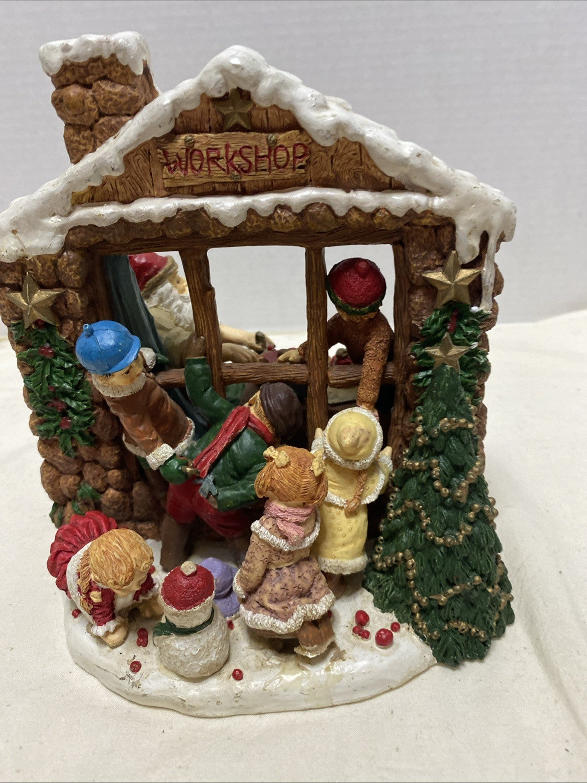 VTG 2-SIDED SANTA’S WORKSHOP CHRISTMAS FIGURE  7”H LOTS OF TOYS & SANTA AT WORK!