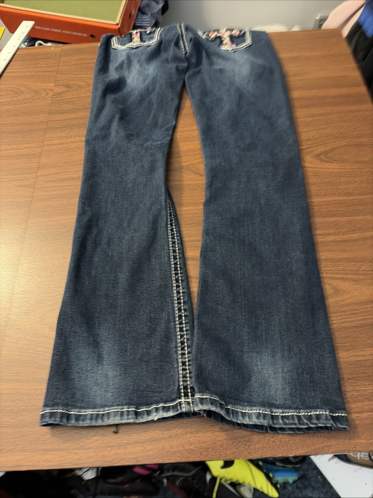 Wired Heart Girls Western Blue Stretch Denim Studded Bootcut Jeans (Size 12)