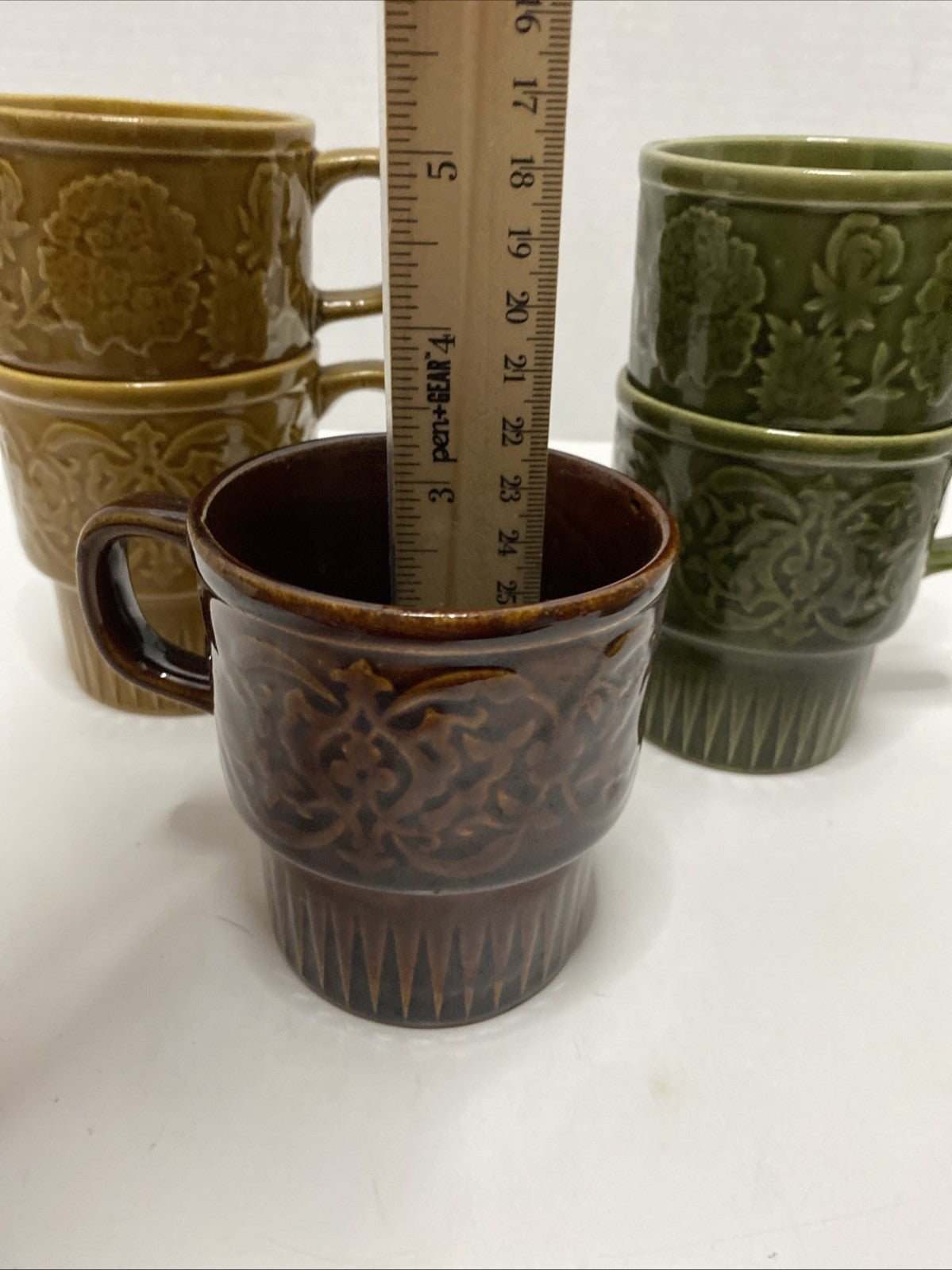 Brown Floral Mugs Japan Set Of 5 Retro Stacking Coffee Cups Vintage