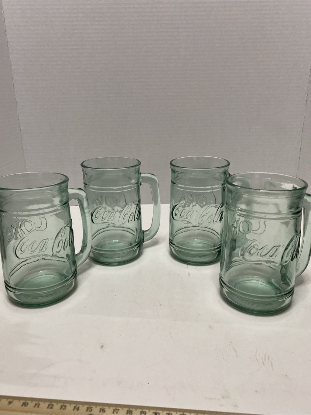 Set of 4 Vintage COCA-COLA Green Glass Coke Mugs Stein w/ Handle 16 oz Heavy