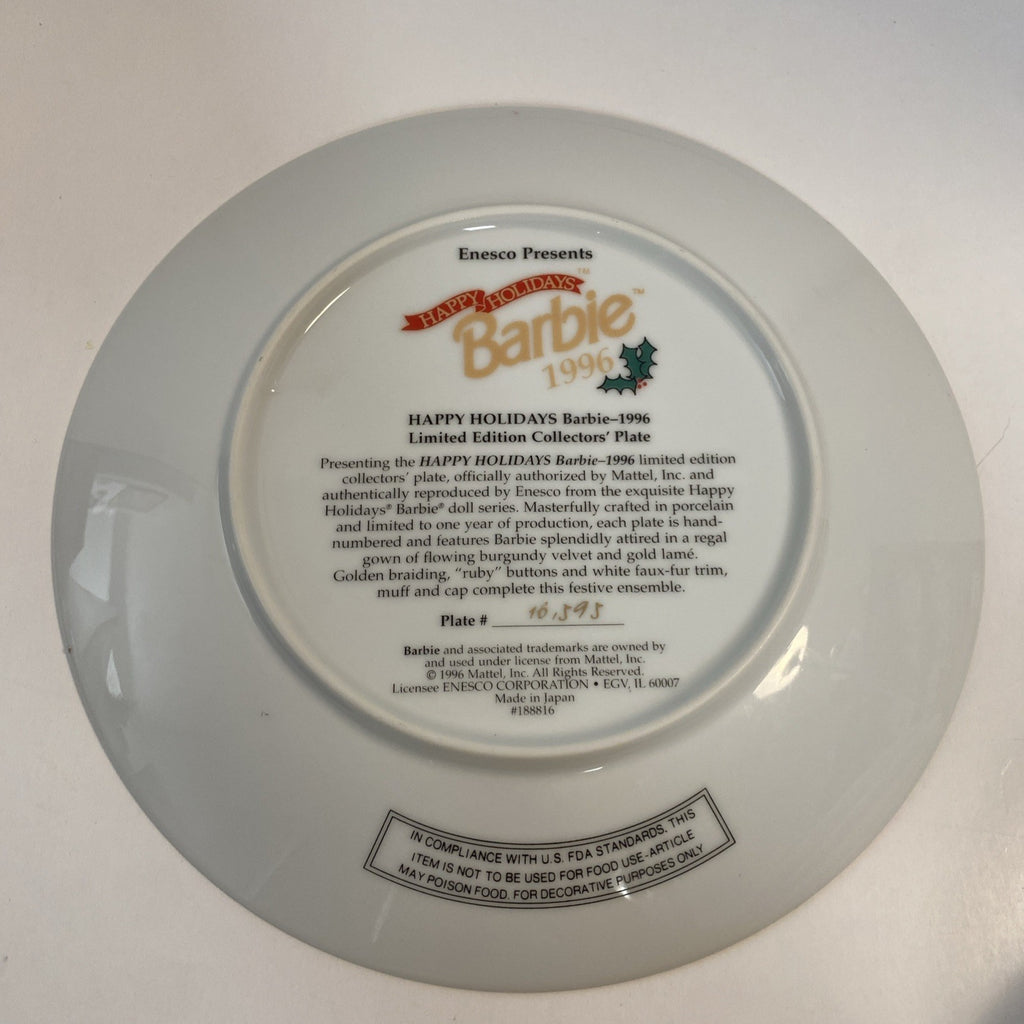 Enesco 1996 Happy Holidays Barbie Collectors Plate - Limited Edition #16393